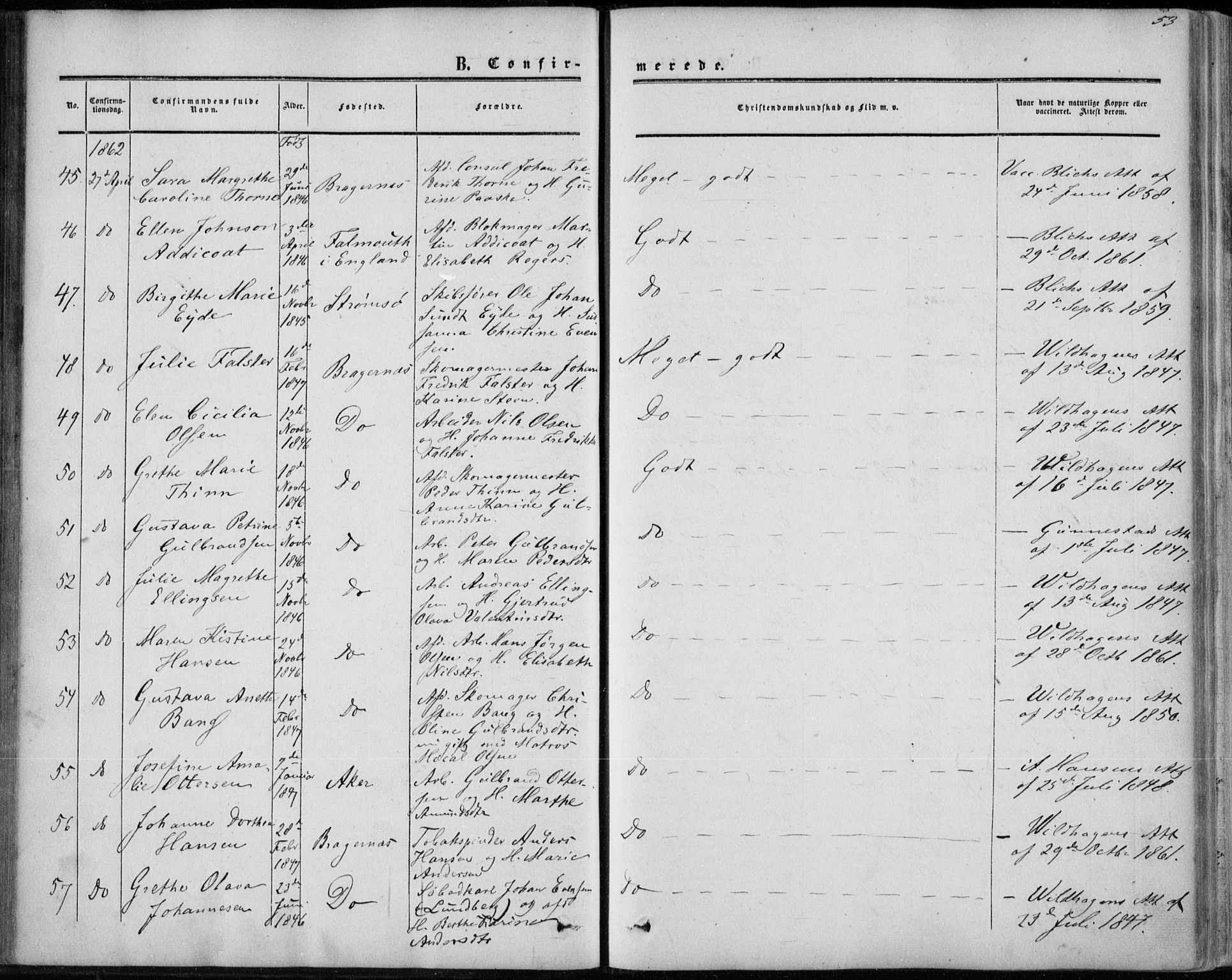 Bragernes kirkebøker, AV/SAKO-A-6/F/Fc/L0002: Parish register (official) no. III 2, 1854-1865, p. 53