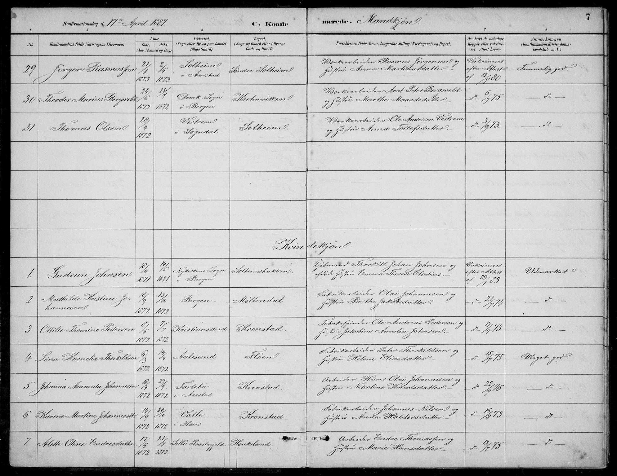 Årstad Sokneprestembete, AV/SAB-A-79301/H/Hab/L0011: Parish register (copy) no. B 1, 1886-1901, p. 7