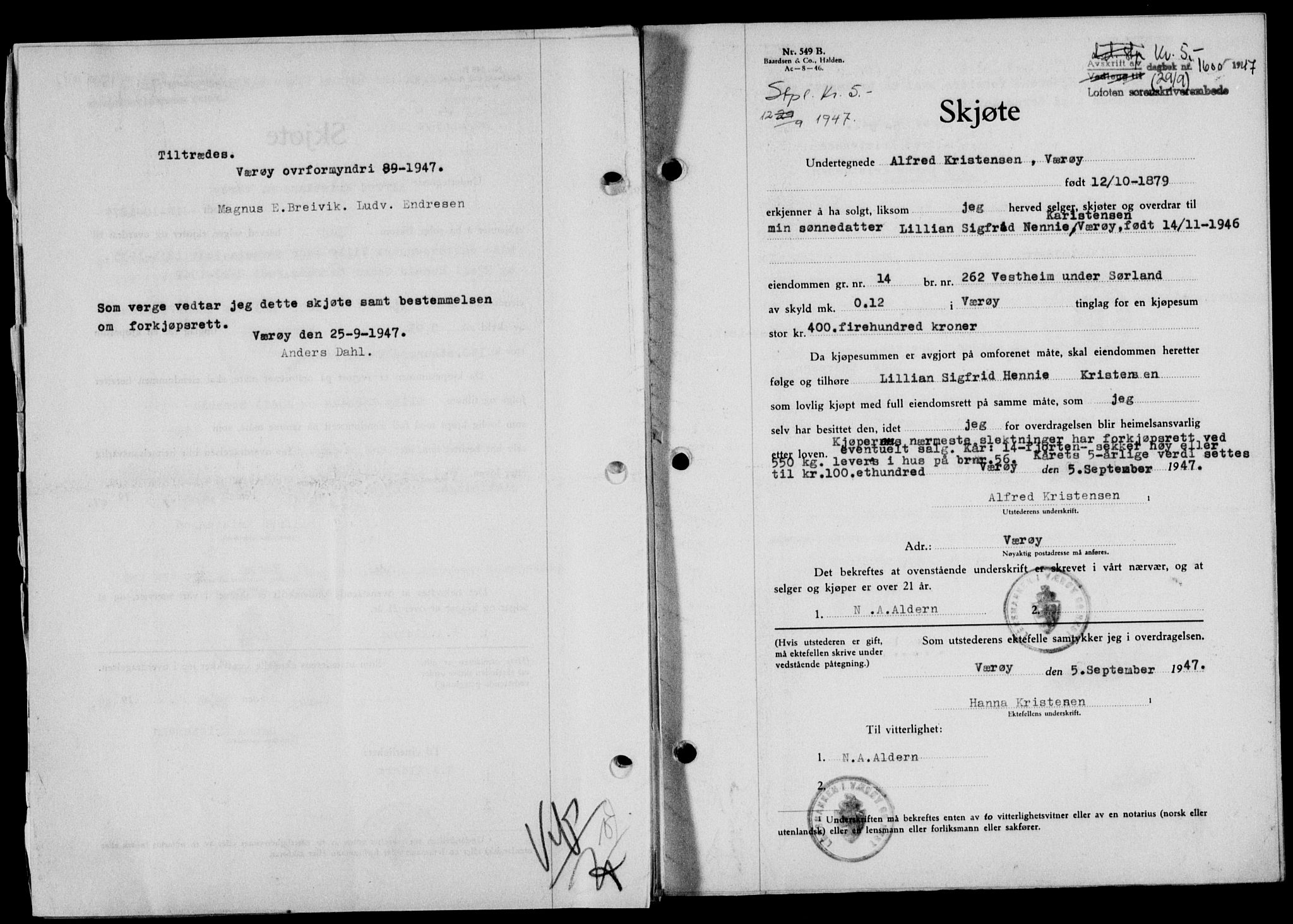Lofoten sorenskriveri, SAT/A-0017/1/2/2C/L0016a: Mortgage book no. 16a, 1947-1947, Diary no: : 1600/1947