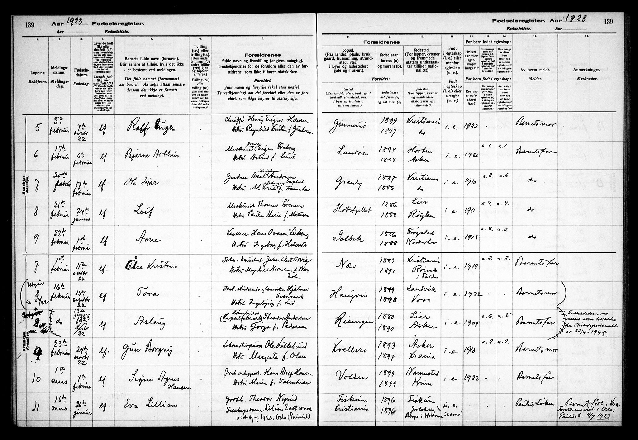 Asker prestekontor Kirkebøker, SAO/A-10256a/J/L0001: Birth register no. 1, 1916-1925, p. 139