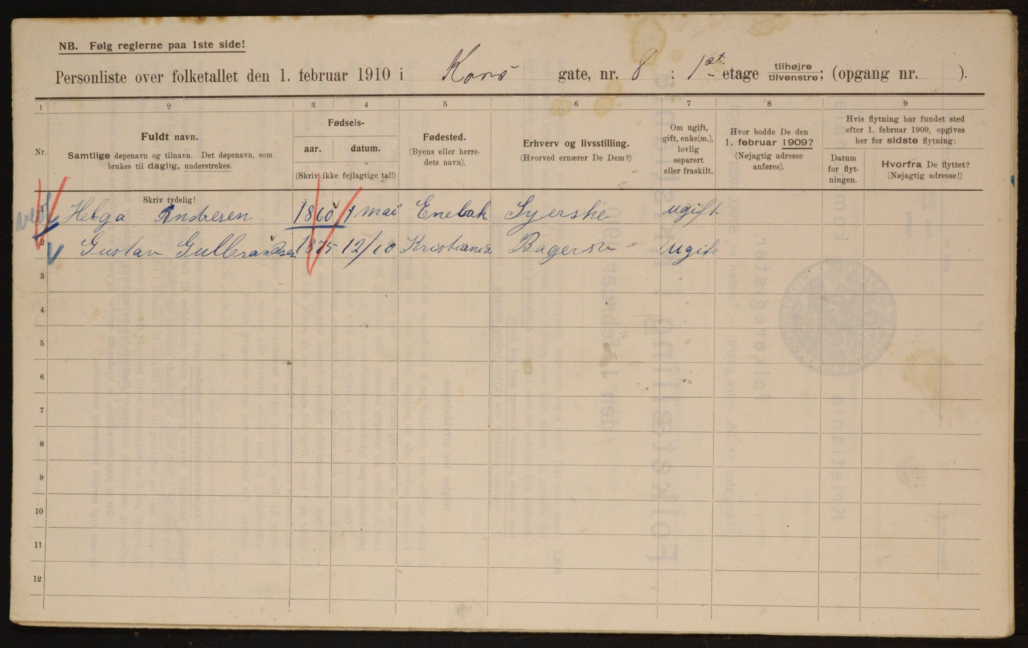 OBA, Municipal Census 1910 for Kristiania, 1910, p. 51926