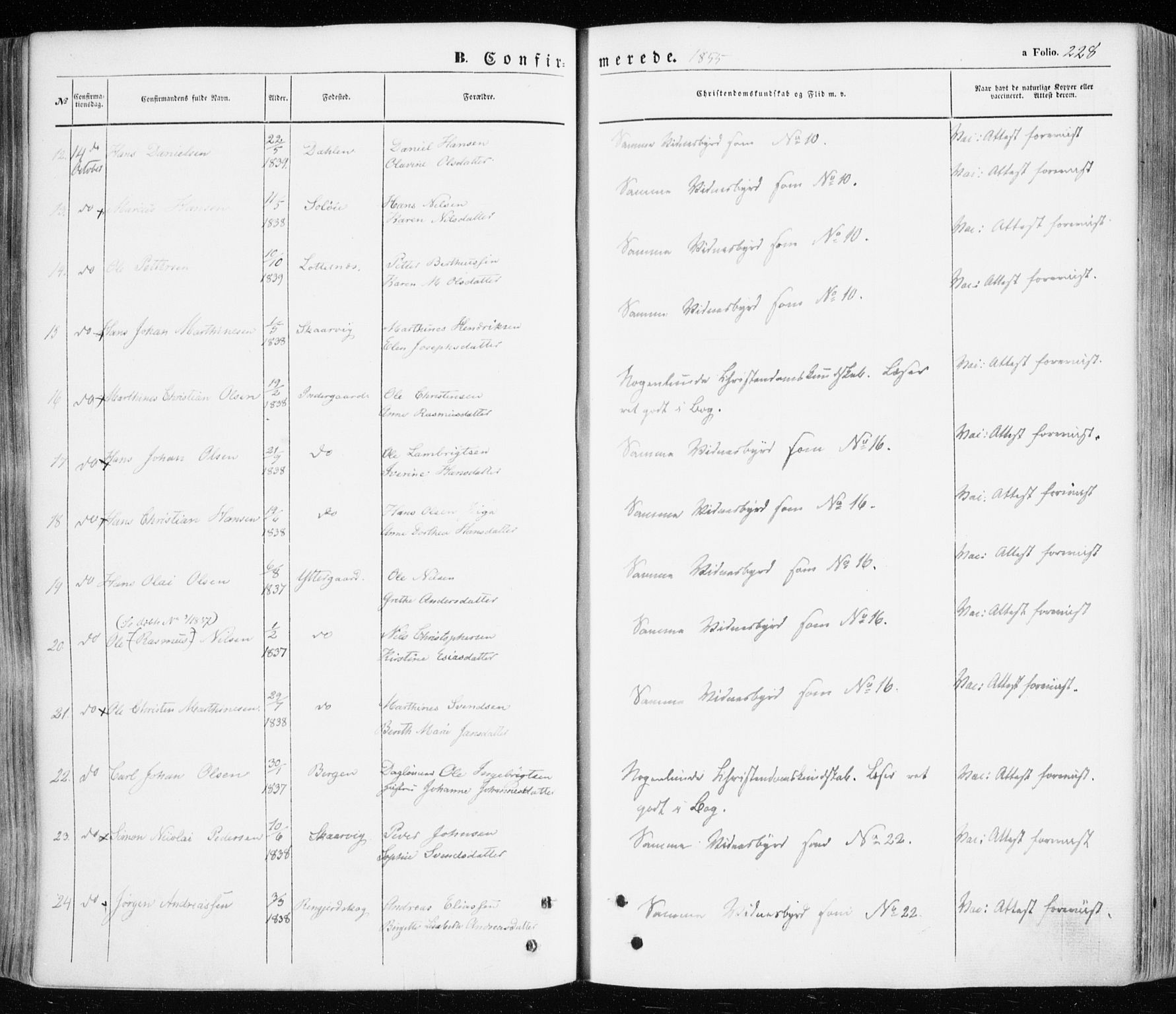 Ibestad sokneprestembete, AV/SATØ-S-0077/H/Ha/Haa/L0008kirke: Parish register (official) no. 8, 1850-1859, p. 228