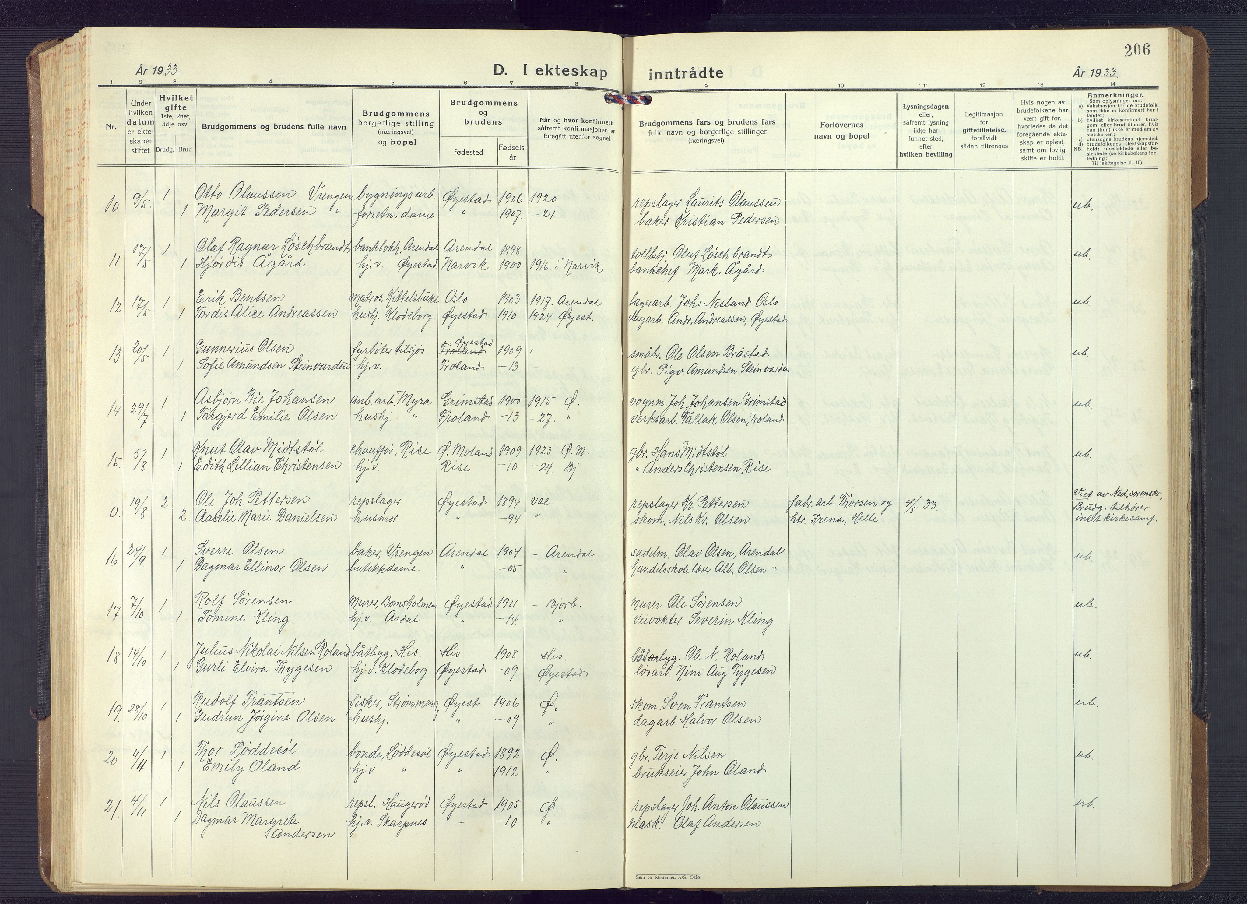 Øyestad sokneprestkontor, AV/SAK-1111-0049/F/Fb/L0013: Parish register (copy) no. B 13, 1933-1945, p. 206