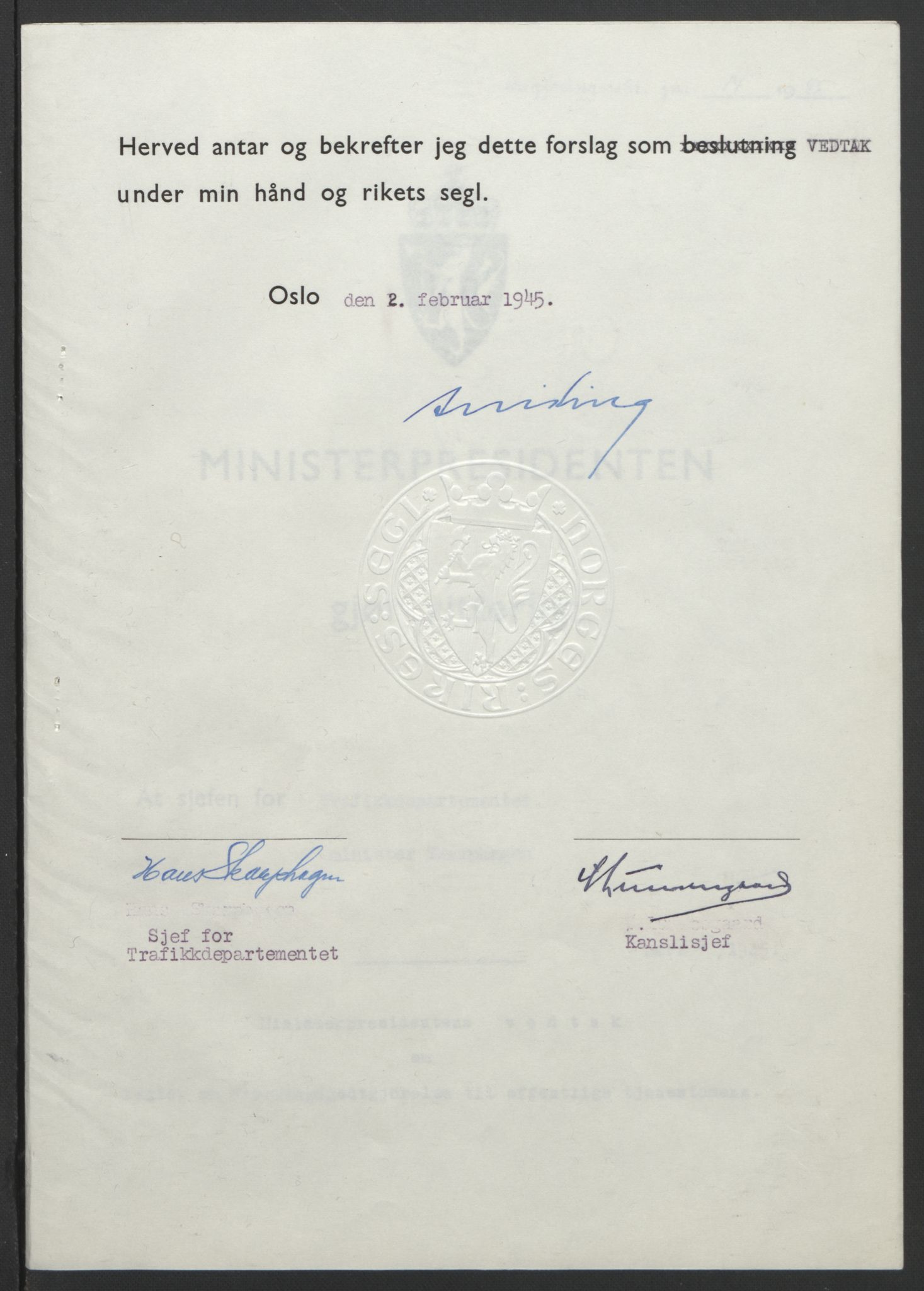 NS-administrasjonen 1940-1945 (Statsrådsekretariatet, de kommisariske statsråder mm), AV/RA-S-4279/D/Db/L0101/0001: -- / Lover og vedtak, 1945, p. 188