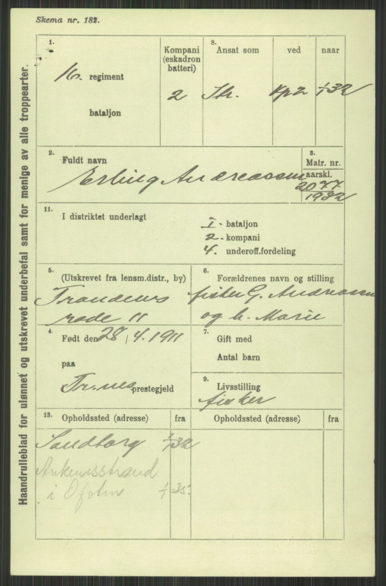 Forsvaret, Troms infanteriregiment nr. 16, AV/RA-RAFA-3146/P/Pa/L0016: Rulleblad for regimentets menige mannskaper, årsklasse 1932, 1932, p. 31