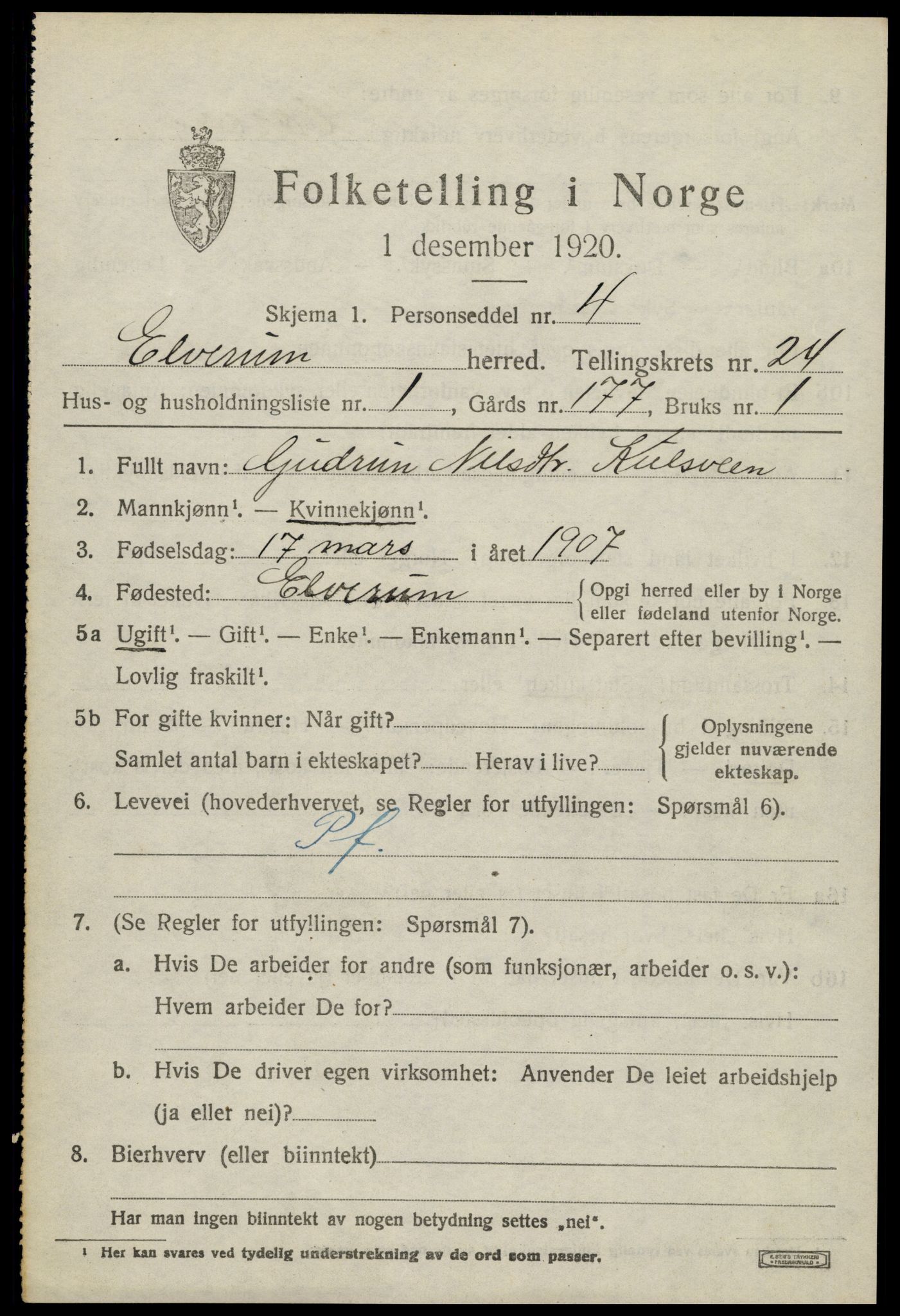 SAH, 1920 census for Elverum, 1920, p. 25516