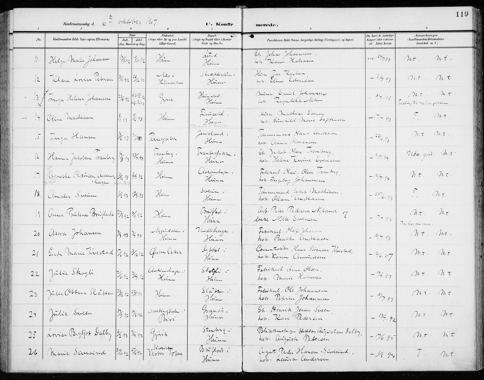 Vardal prestekontor, AV/SAH-PREST-100/H/Ha/Haa/L0016: Parish register (official) no. 16, 1904-1916, p. 119