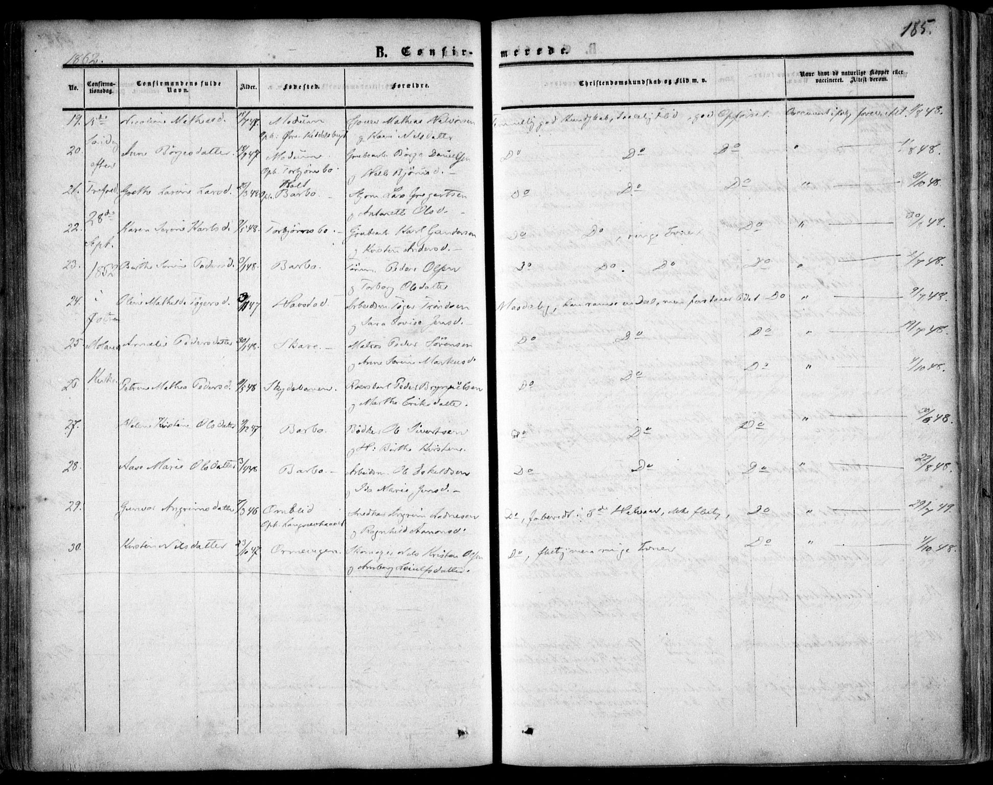 Tromøy sokneprestkontor, AV/SAK-1111-0041/F/Fa/L0006: Parish register (official) no. A 6, 1855-1863, p. 185