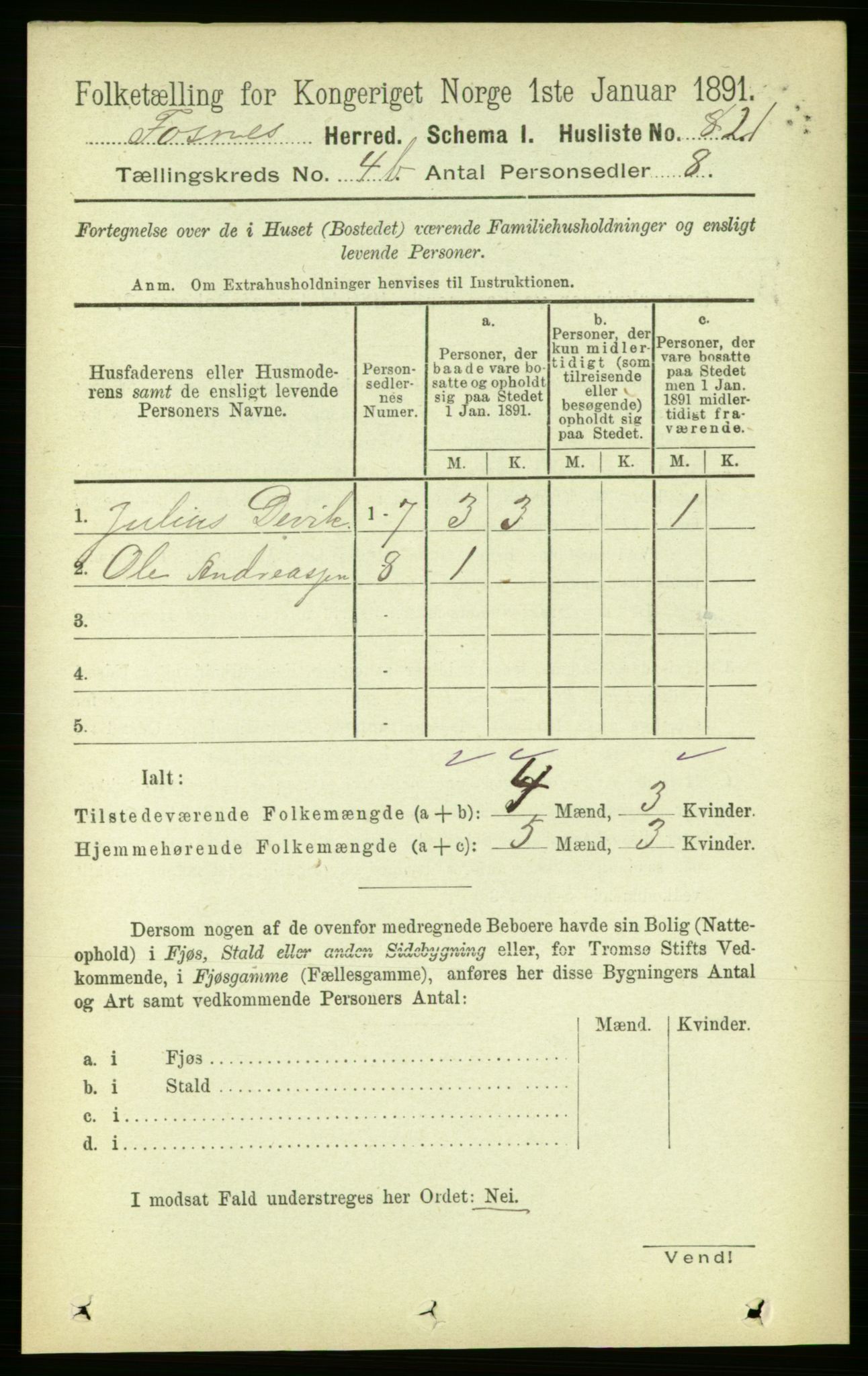 RA, 1891 census for 1748 Fosnes, 1891, p. 1701