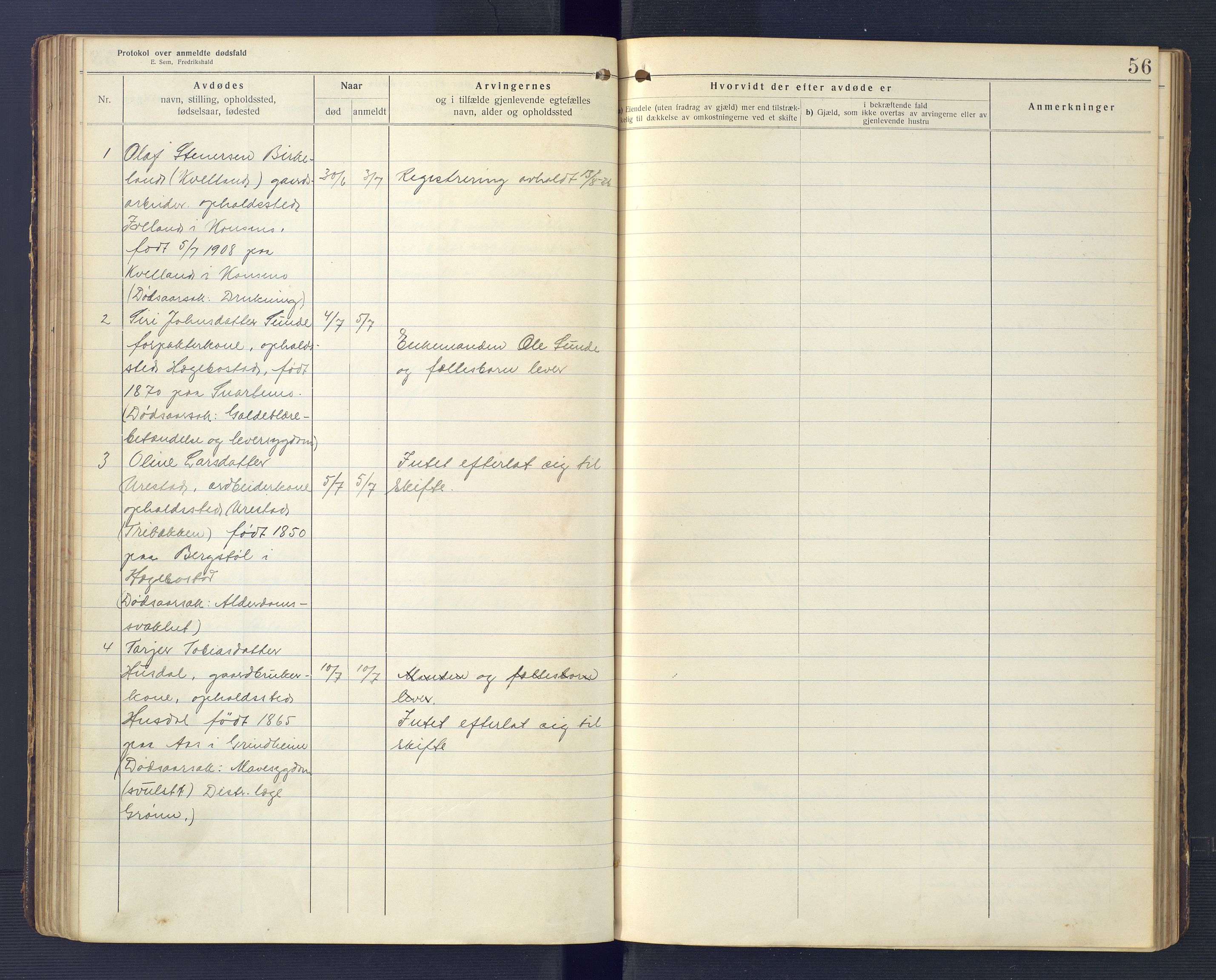 Hægebostad og Eiken lensmannskontor, SAK/1241-0023/F/Fe/L0002: Dødsfallsprotokoll nr 34, 1917-1932, p. 56