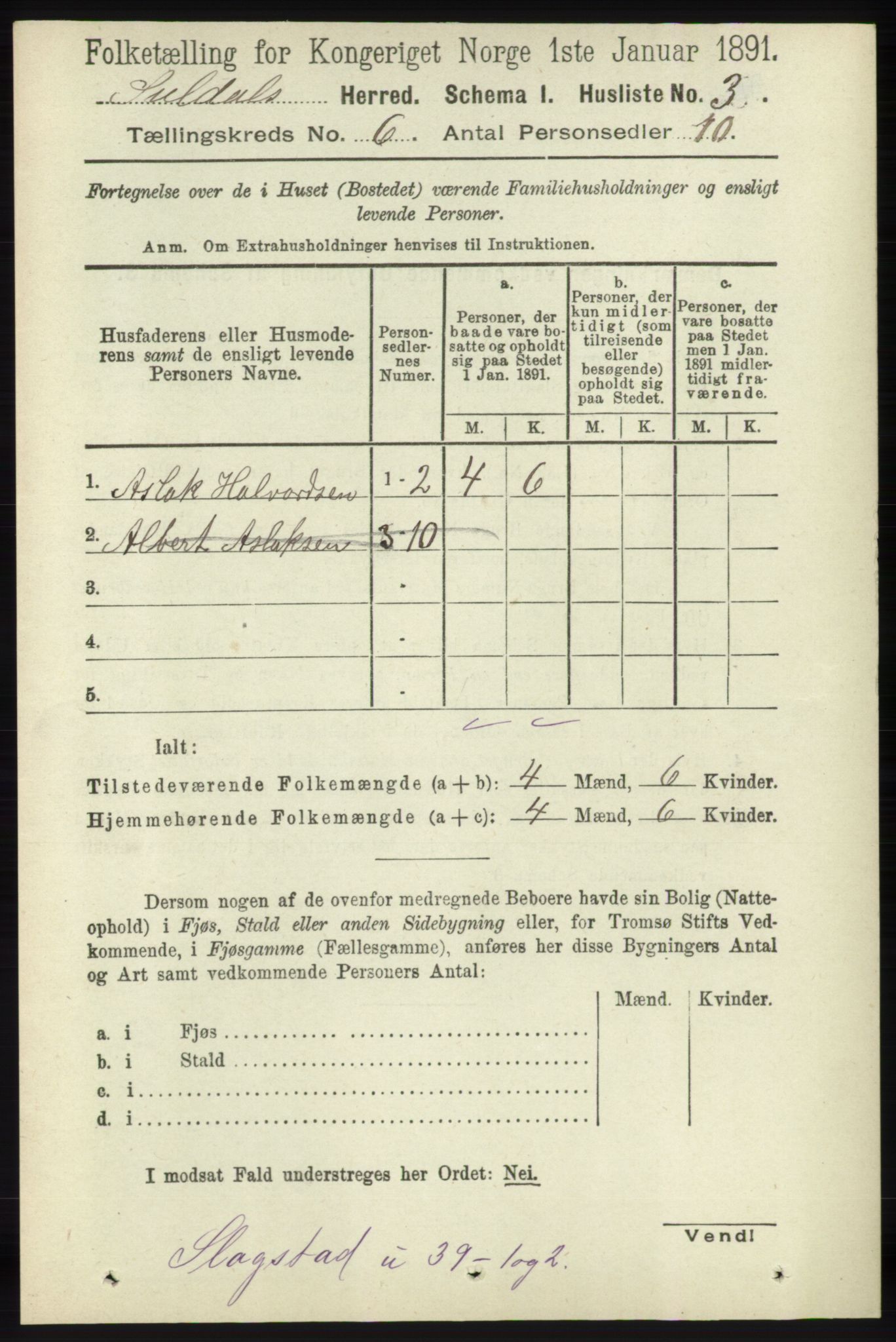 RA, 1891 census for 1134 Suldal, 1891, p. 1536