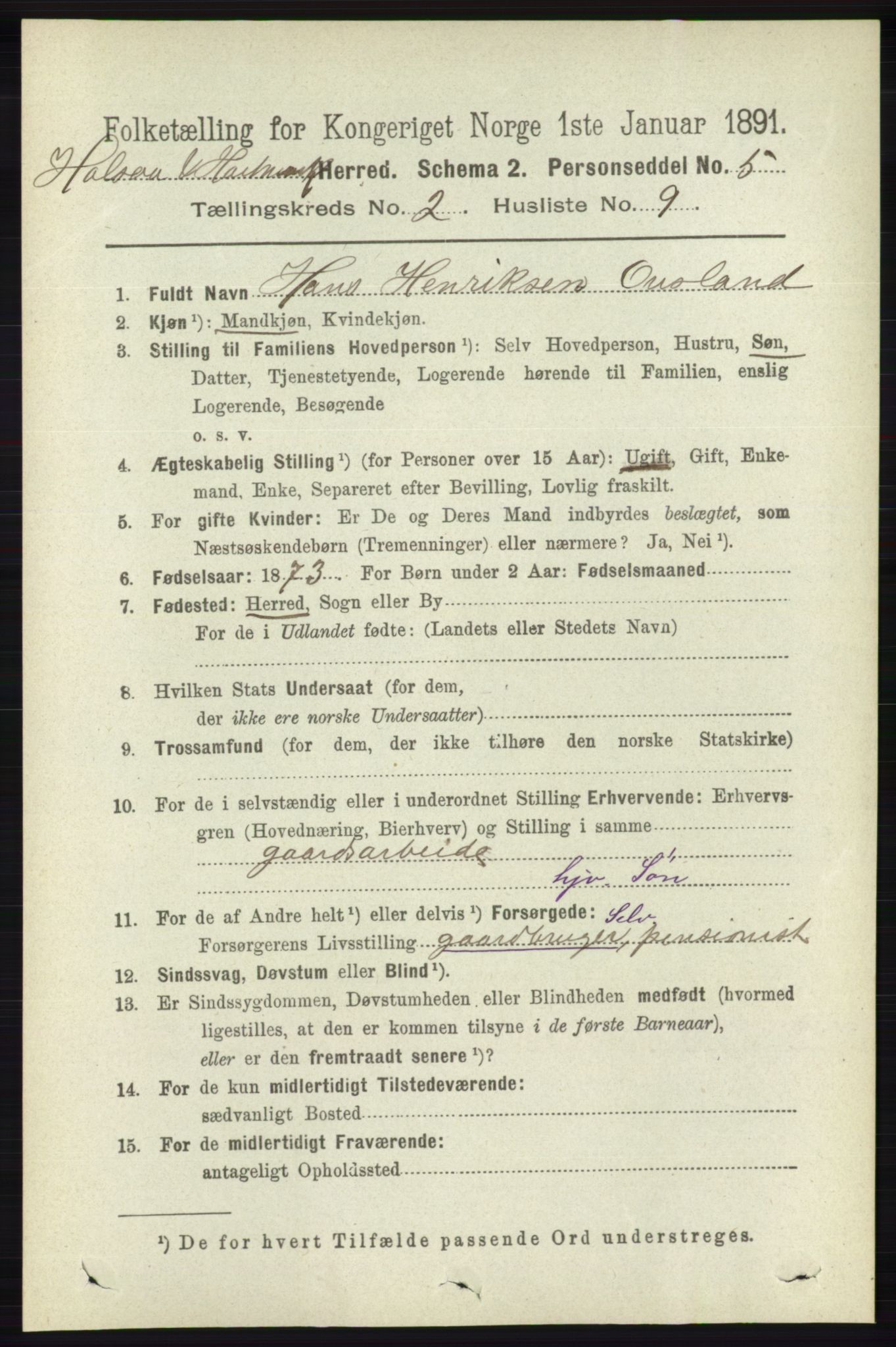 RA, 1891 census for 1019 Halse og Harkmark, 1891, p. 563