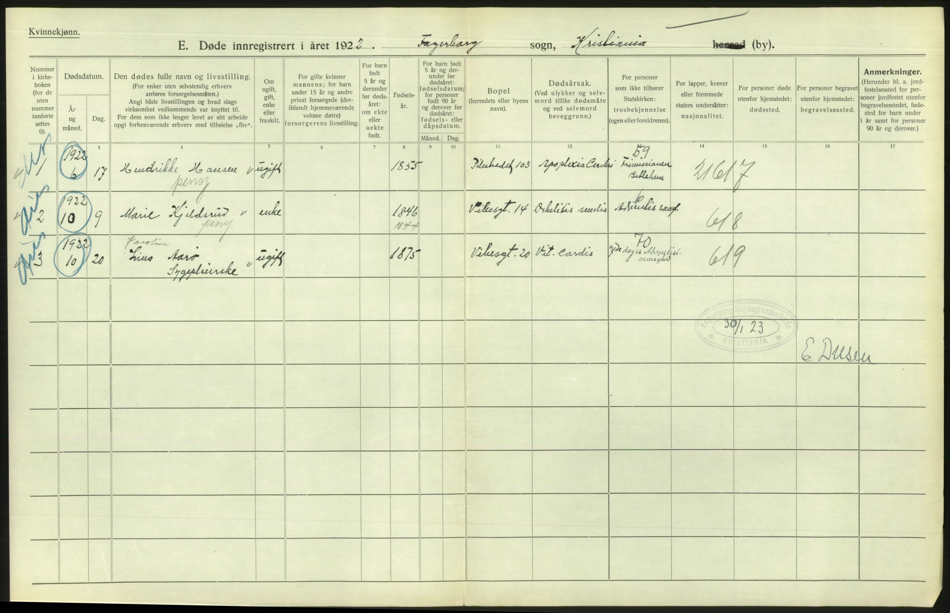 Statistisk sentralbyrå, Sosiodemografiske emner, Befolkning, AV/RA-S-2228/D/Df/Dfc/Dfcc/L0009: Kristiania: Døde, 1923, p. 264