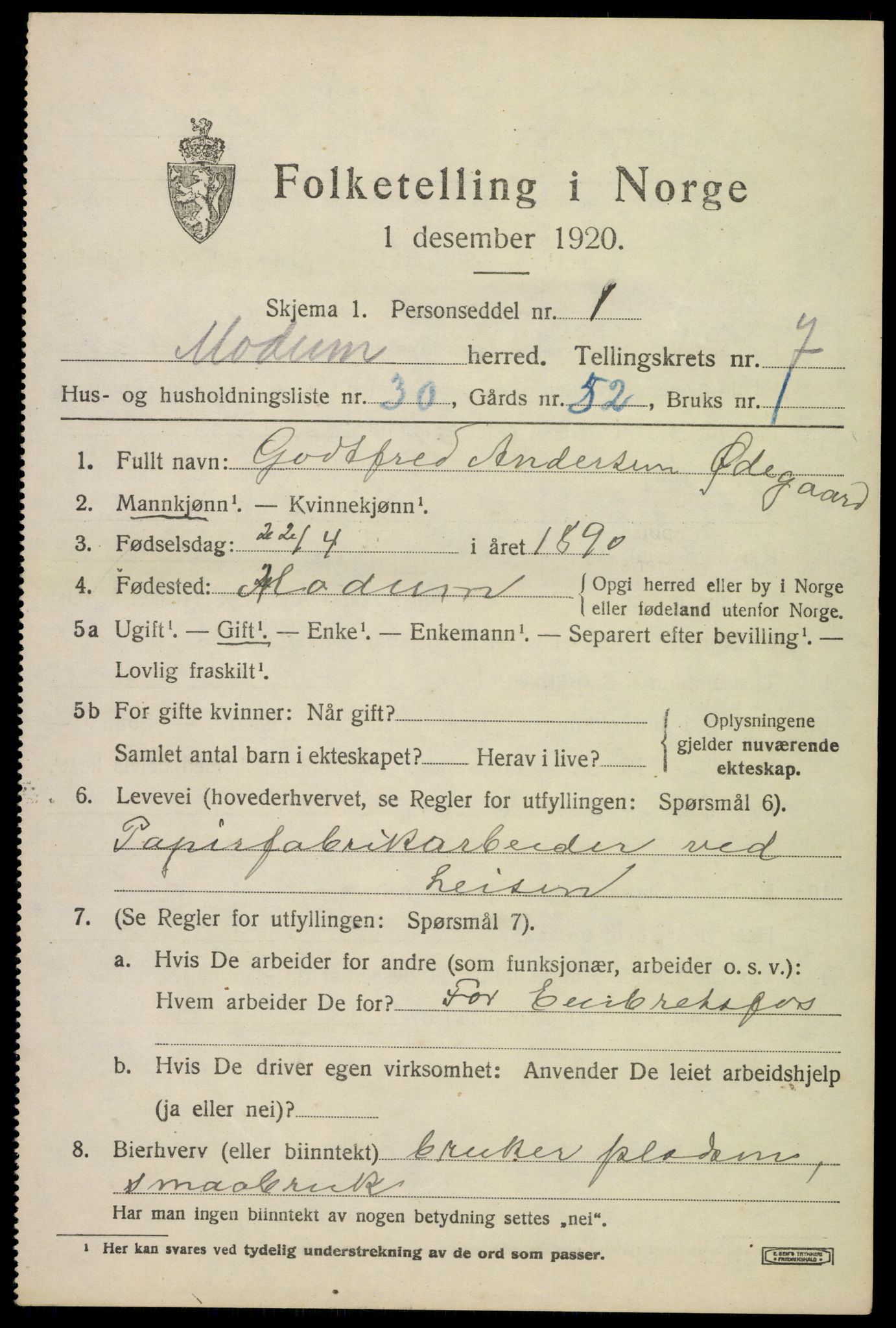 SAKO, 1920 census for Modum, 1920, p. 10019