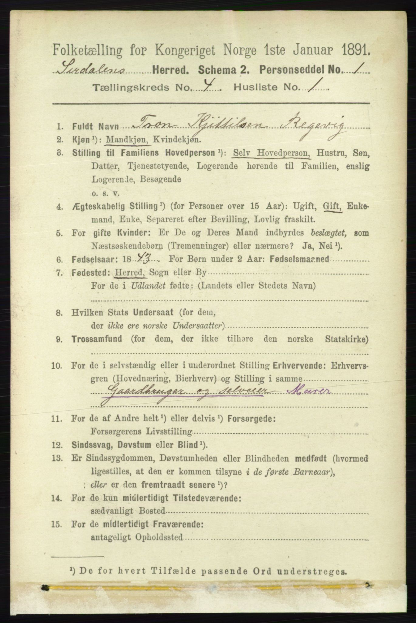 RA, 1891 census for 1046 Sirdal, 1891, p. 935