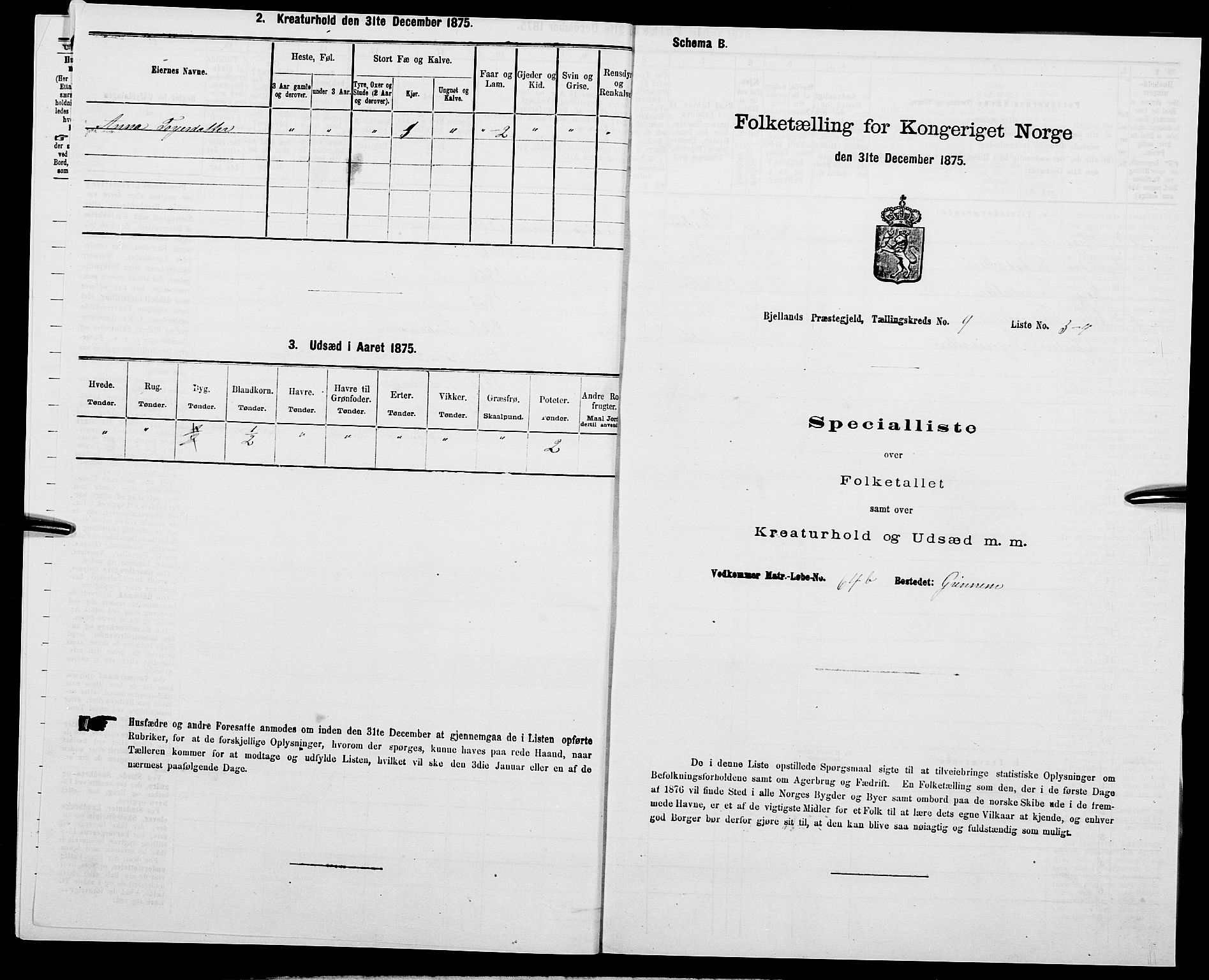 SAK, 1875 census for 1024P Bjelland, 1875, p. 639