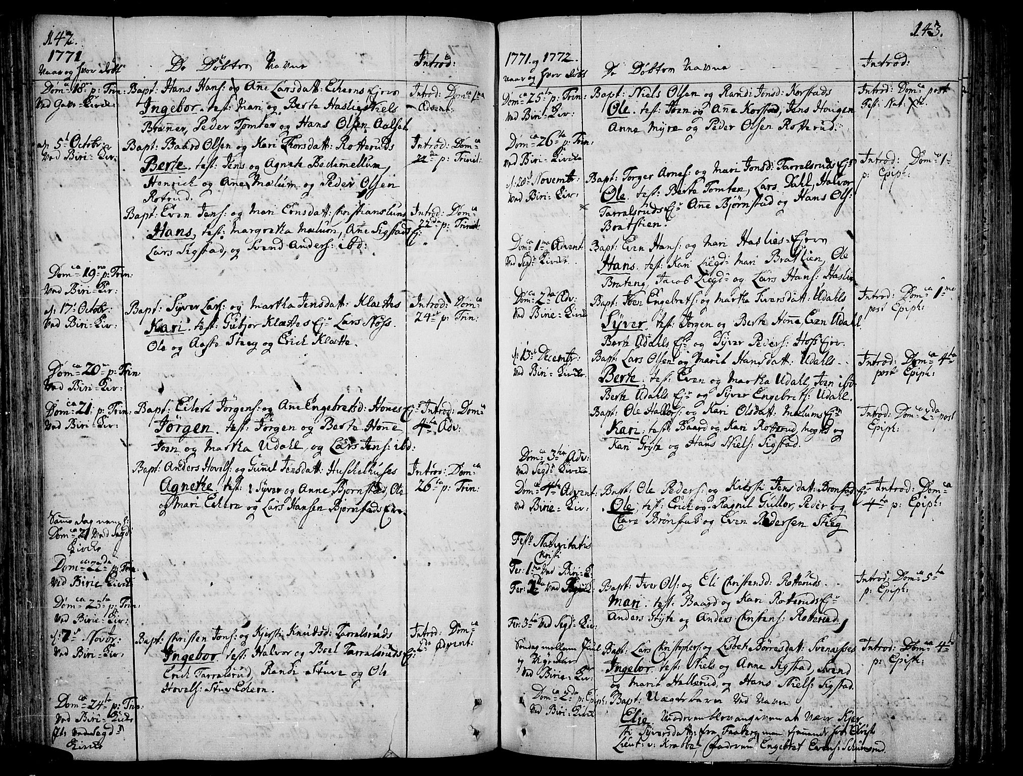 Biri prestekontor, SAH/PREST-096/H/Ha/Haa/L0002: Parish register (official) no. 2, 1754-1789, p. 142-143