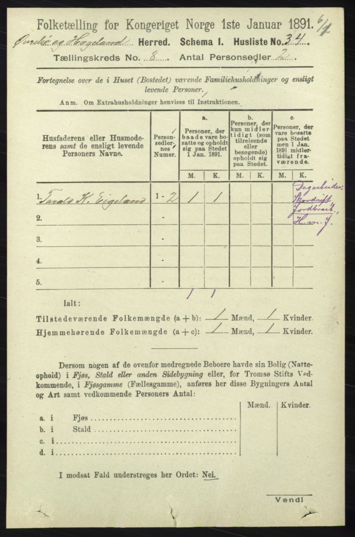 RA, 1891 census for 1016 Øvrebø og Hægeland, 1891, p. 1466