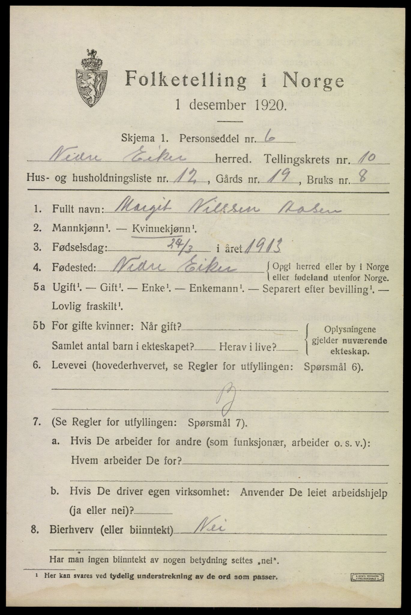 SAKO, 1920 census for Nedre Eiker, 1920, p. 10035