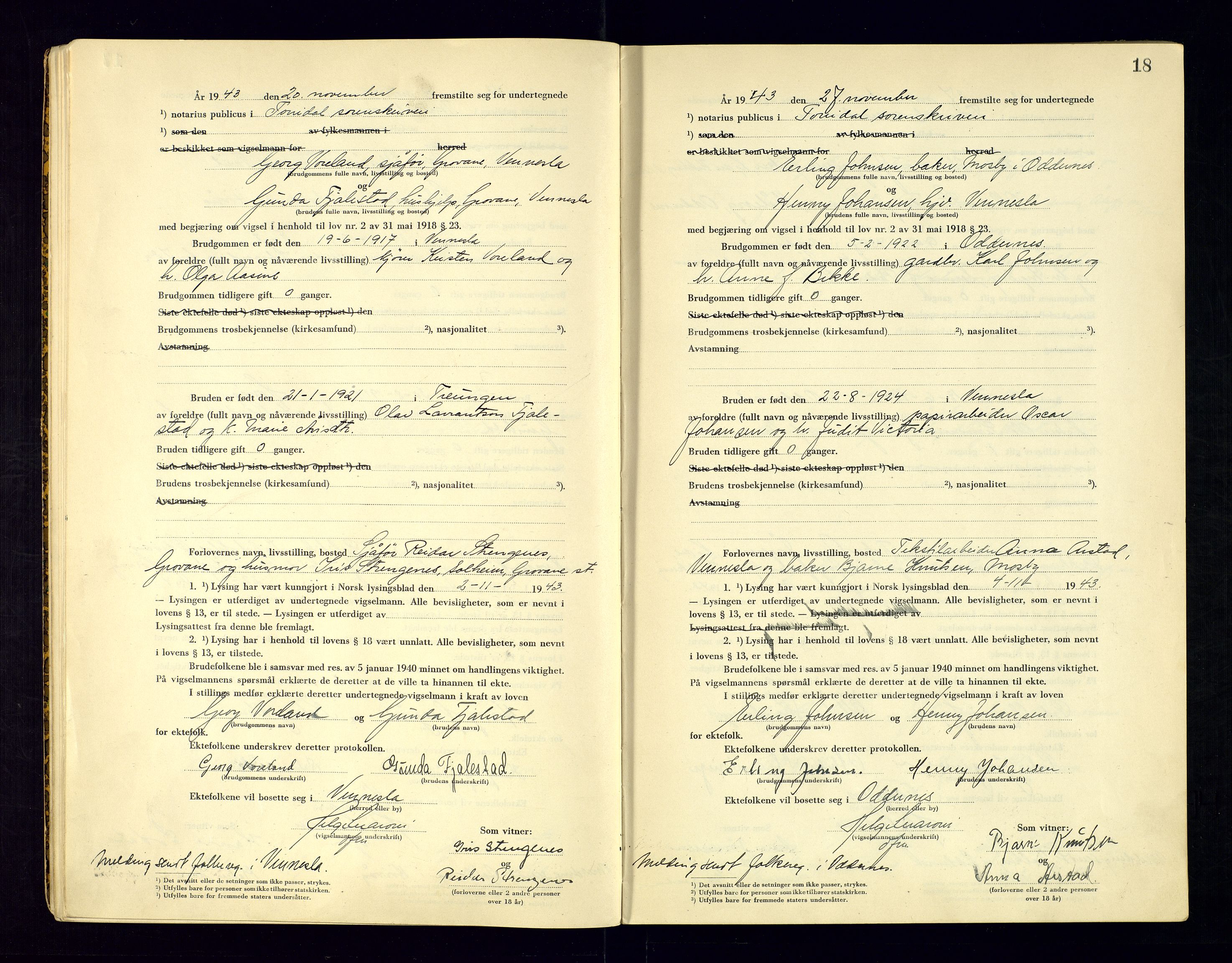Torridal sorenskriveri, AV/SAK-1221-0012/L/Ld/L0004: Vigselbok nr. 2, 1943-1946, p. 18