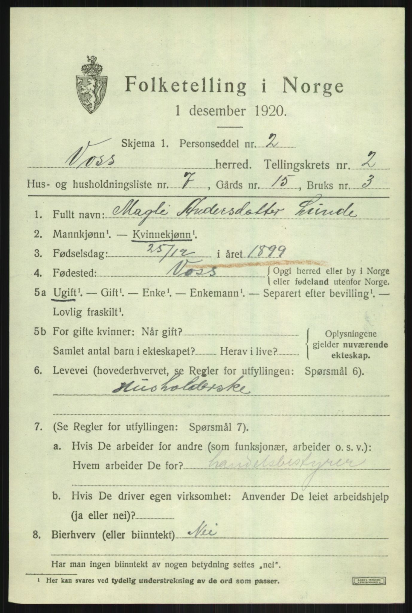 SAB, 1920 census for Voss, 1920, p. 3531
