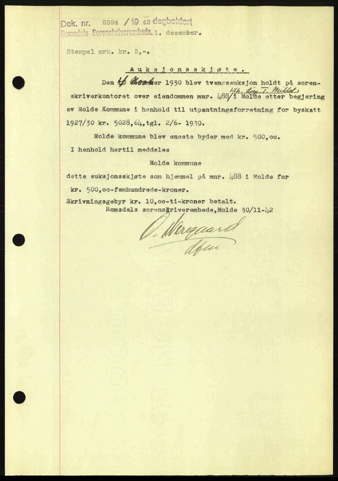 Romsdal sorenskriveri, AV/SAT-A-4149/1/2/2C: Mortgage book no. A13, 1942-1943, Diary no: : 2394/1942