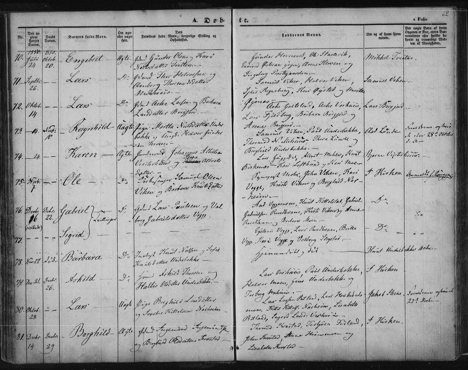 Suldal sokneprestkontor, SAST/A-101845/01/IV/L0008: Parish register (official) no. A 8, 1836-1853, p. 62