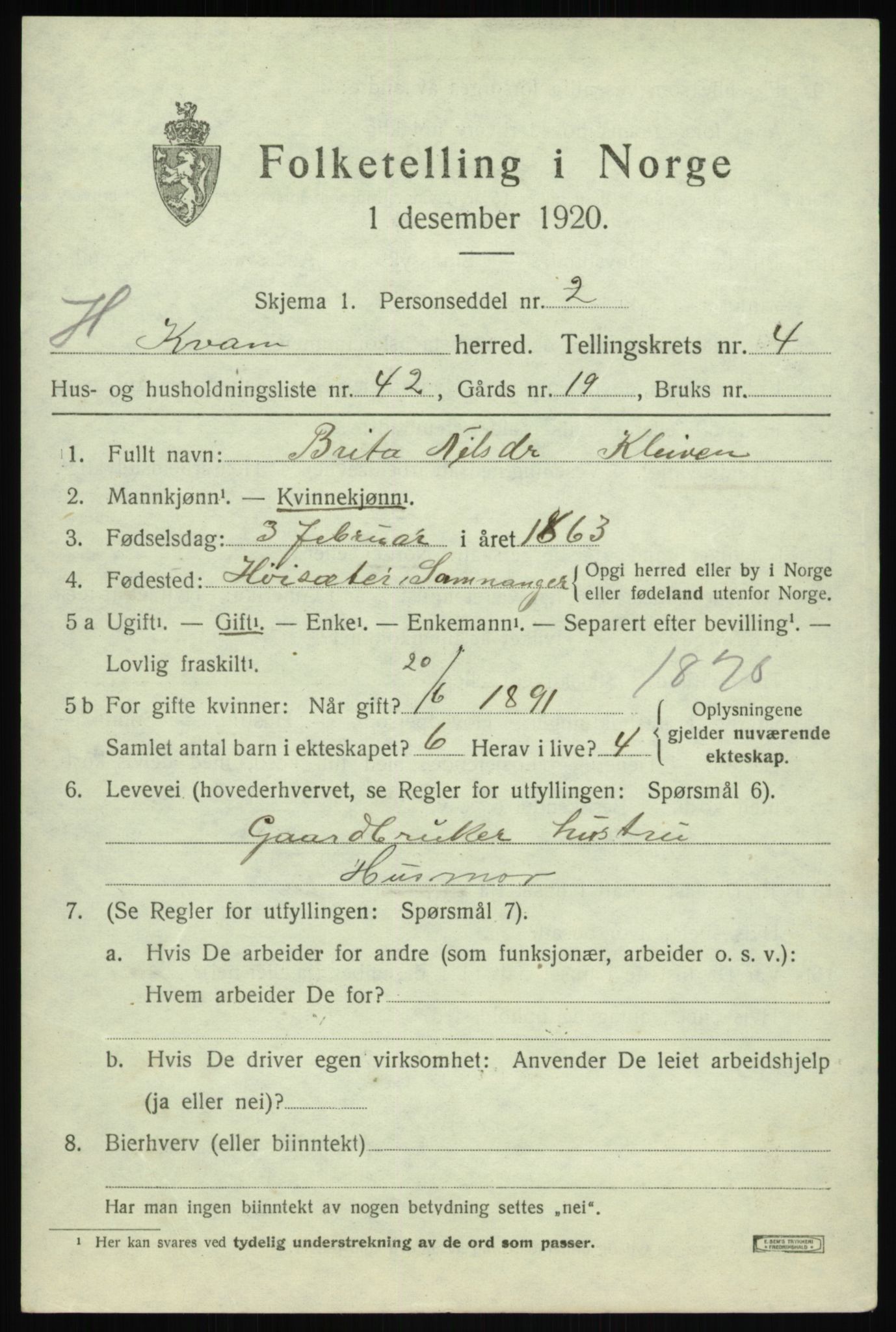 SAB, 1920 census for Kvam, 1920, p. 3755