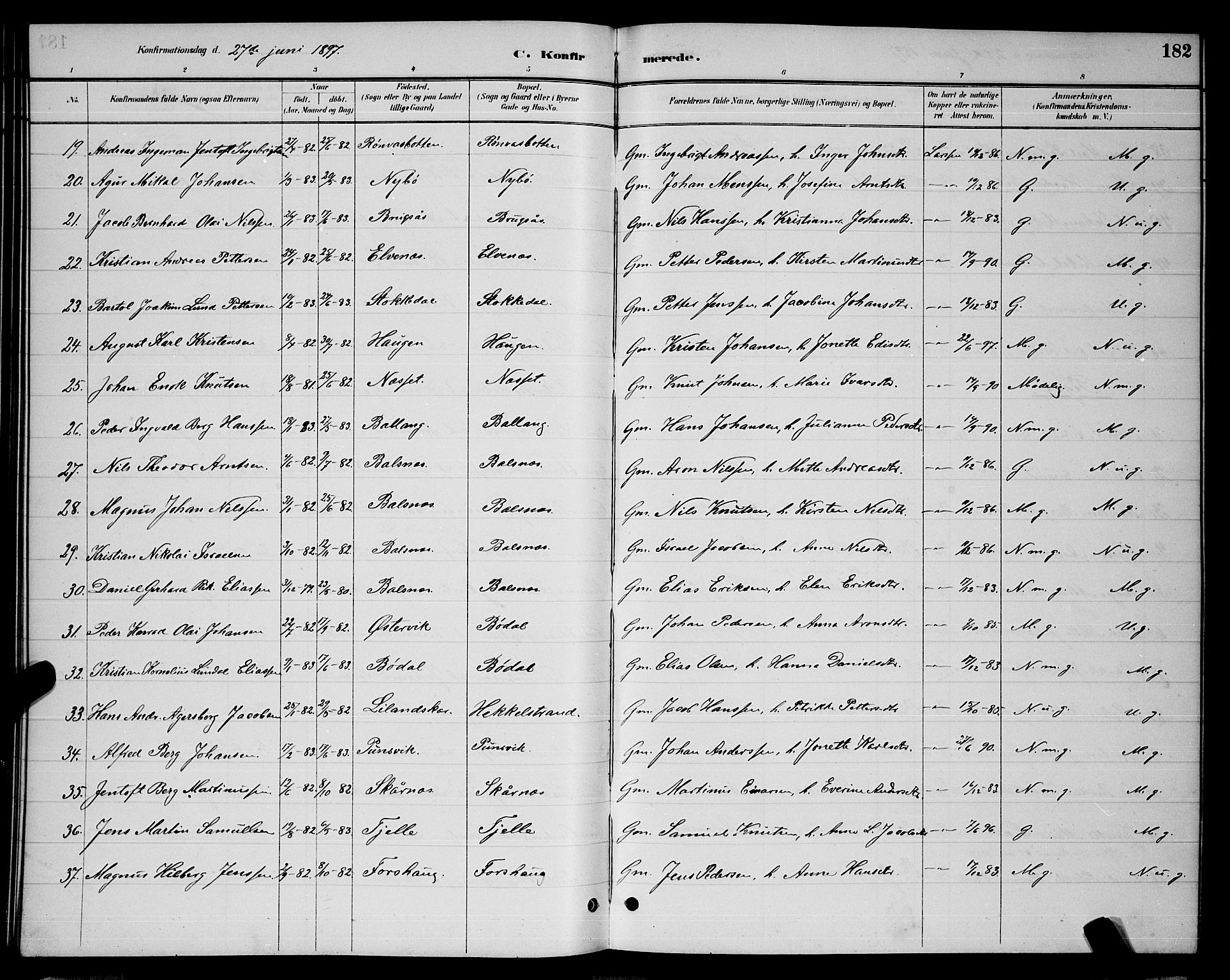 Ministerialprotokoller, klokkerbøker og fødselsregistre - Nordland, AV/SAT-A-1459/863/L0914: Parish register (copy) no. 863C04, 1886-1897, p. 182