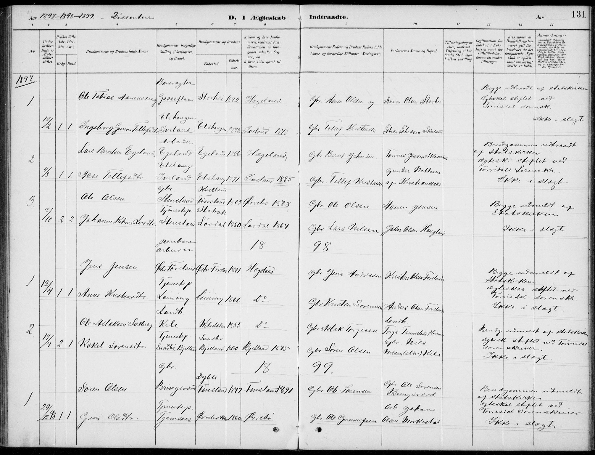 Vennesla sokneprestkontor, SAK/1111-0045/Fb/Fba/L0003: Parish register (copy) no. B 3, 1890-1919, p. 131