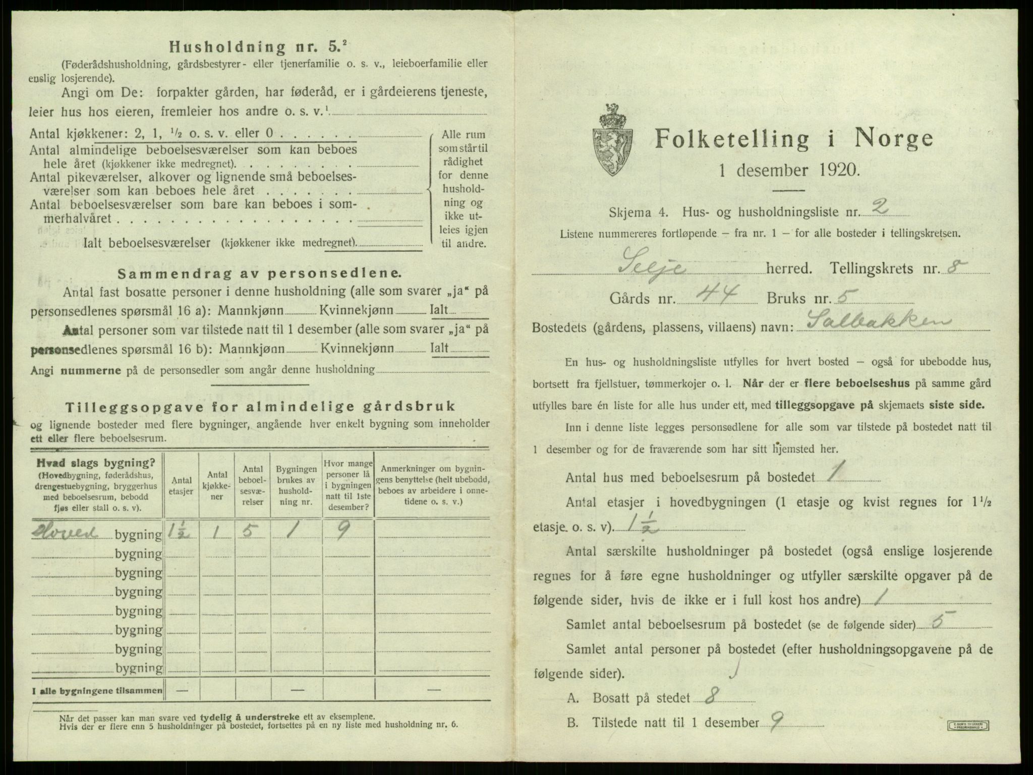 SAB, 1920 census for Selje, 1920, p. 500