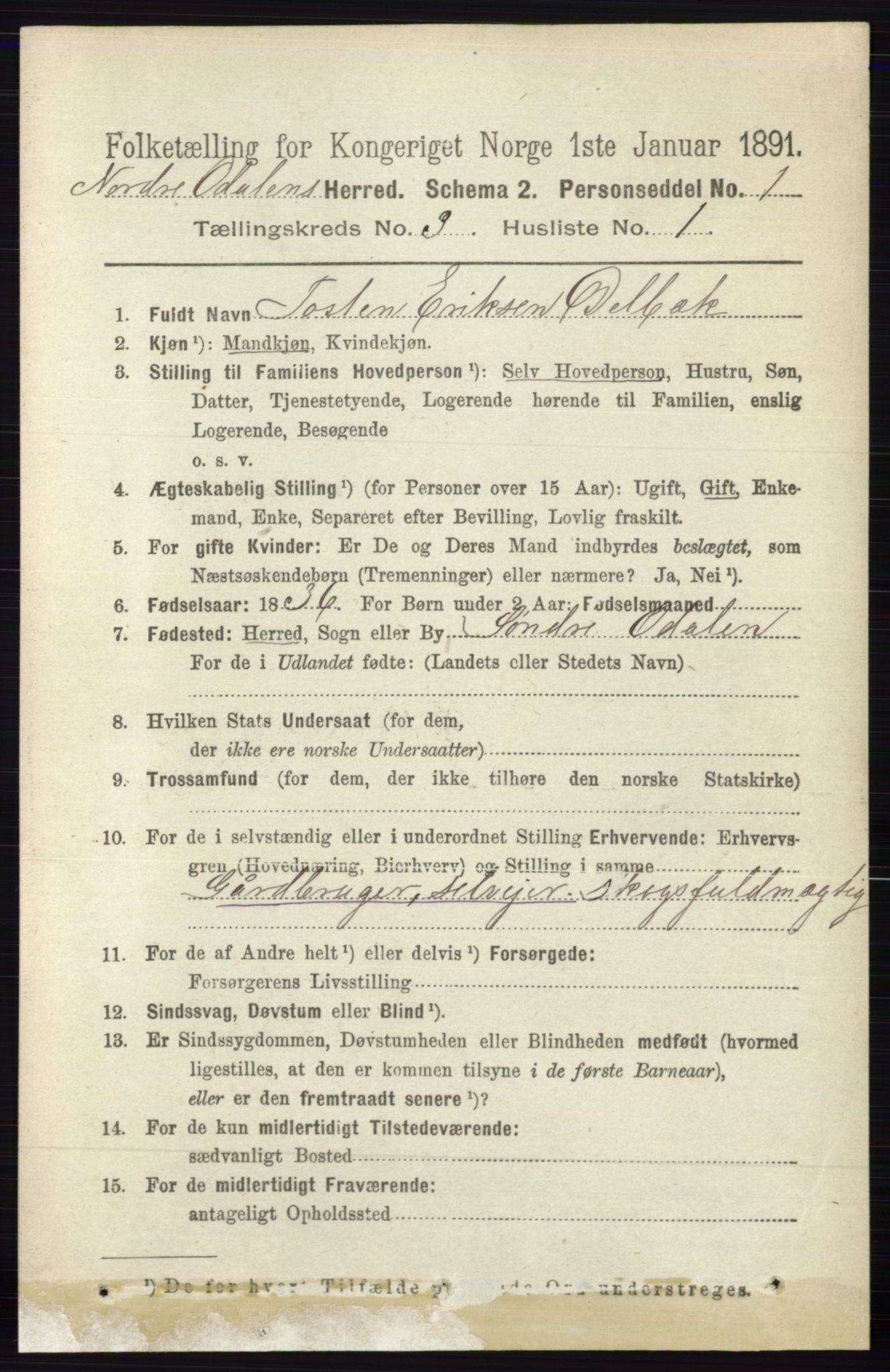 RA, 1891 census for 0418 Nord-Odal, 1891, p. 819