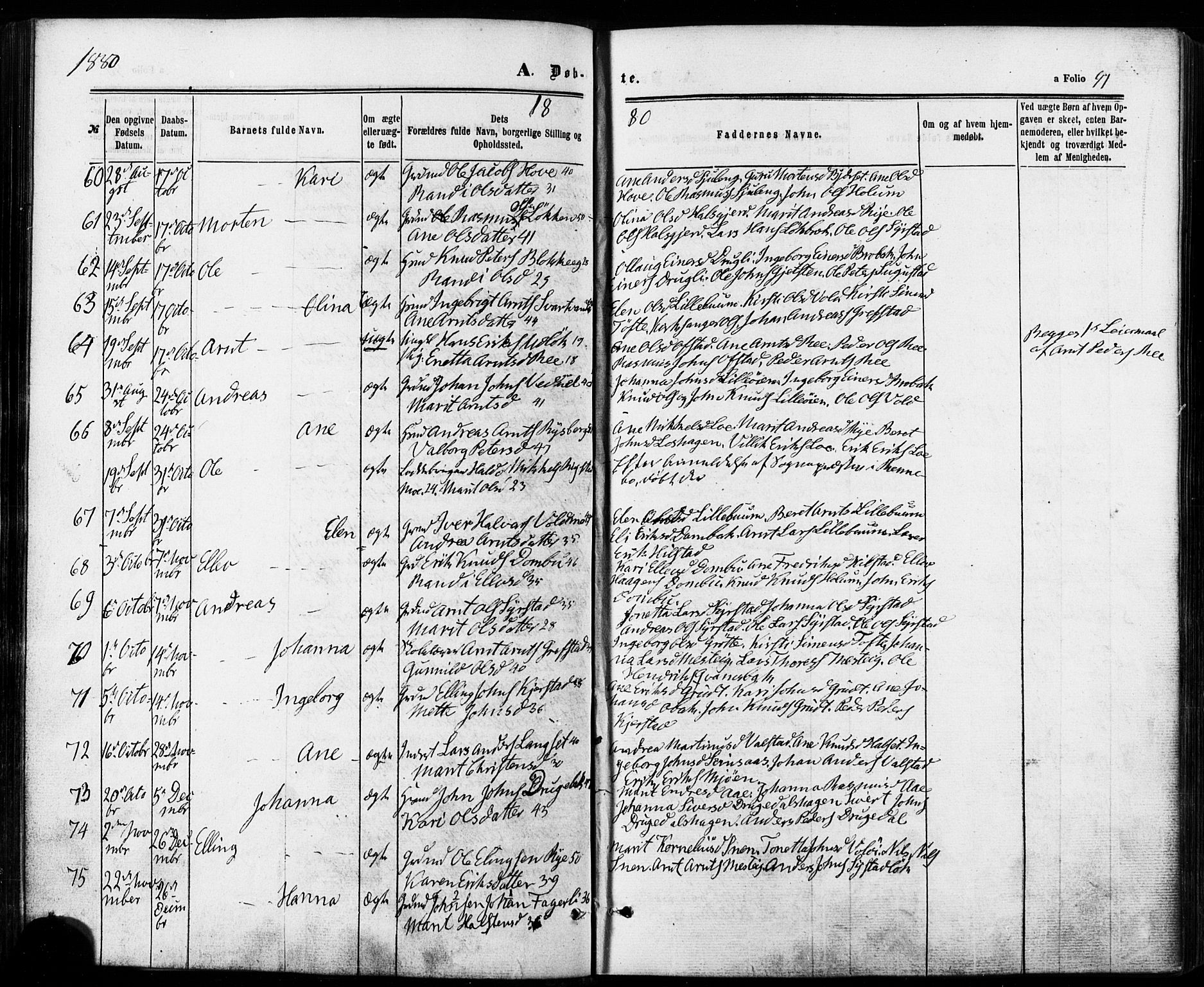 Ministerialprotokoller, klokkerbøker og fødselsregistre - Sør-Trøndelag, SAT/A-1456/672/L0856: Parish register (official) no. 672A08, 1861-1881, p. 91