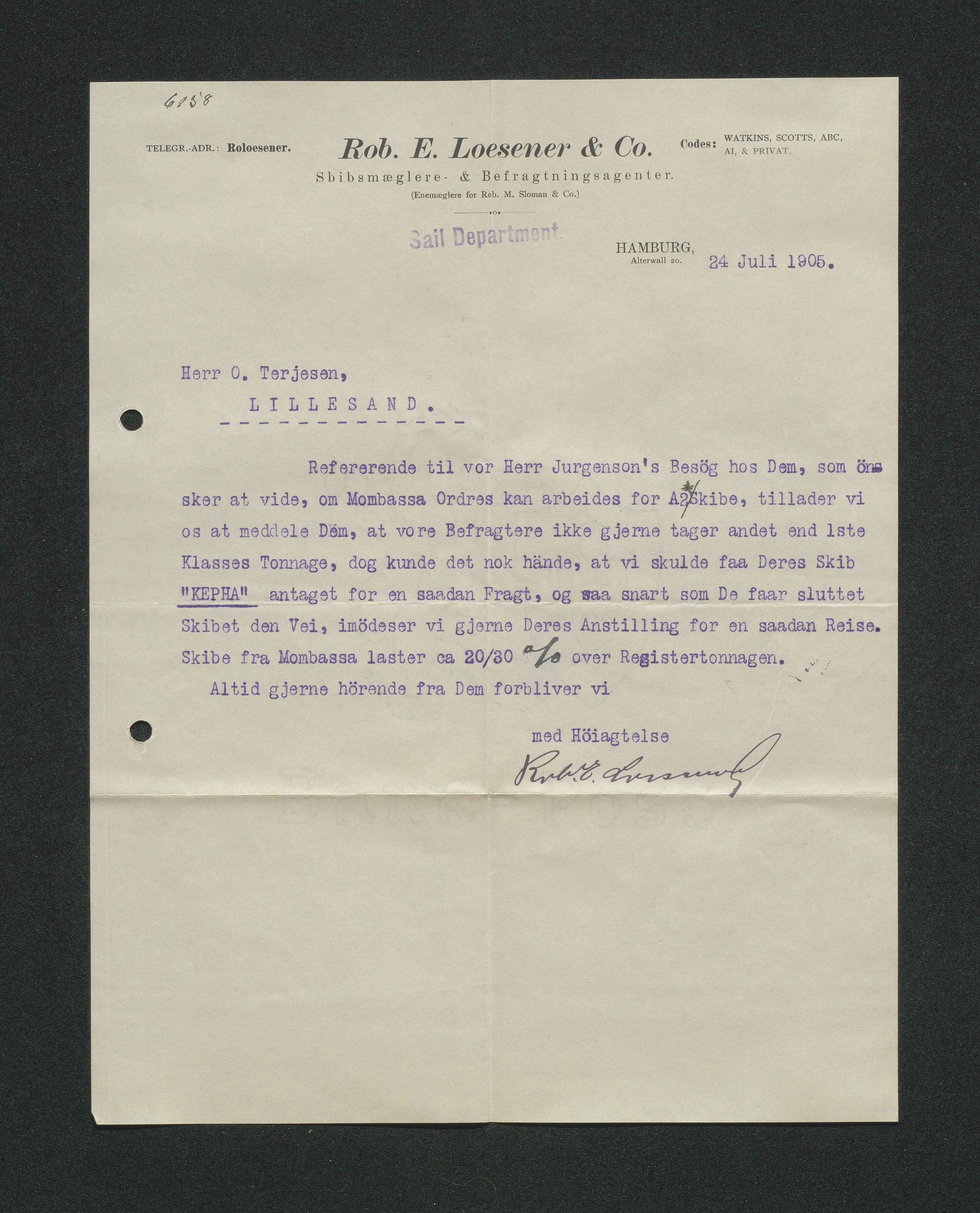 O. Terjesens rederi, AAKS/PA-2525/E/E01/L0013: Korrespondanse, 1904-1905