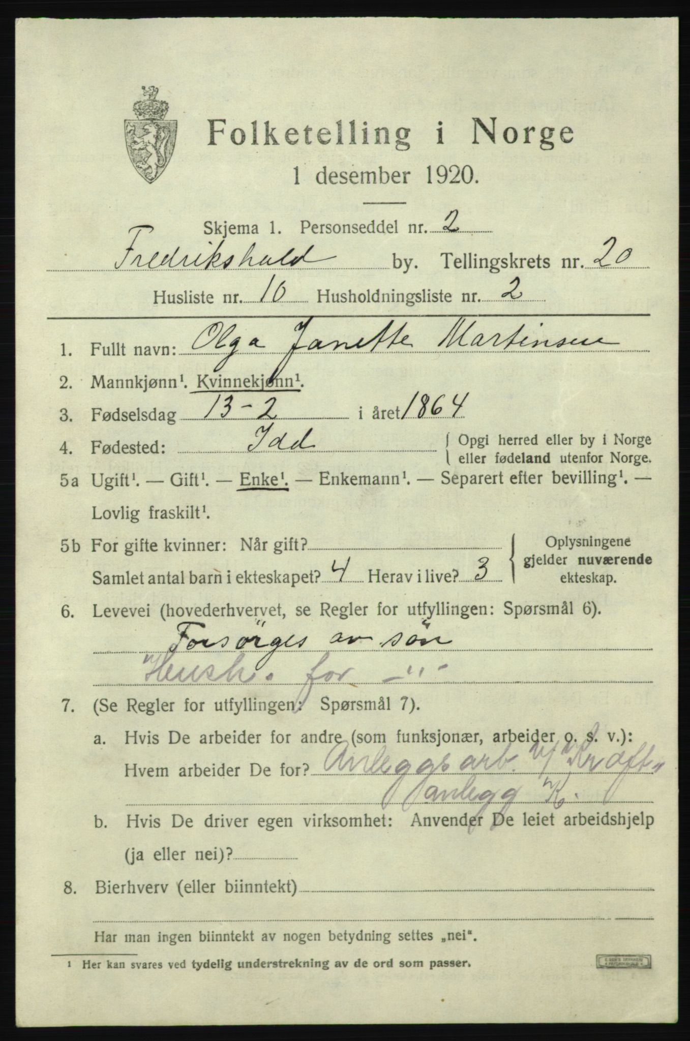 SAO, 1920 census for Fredrikshald, 1920, p. 29381