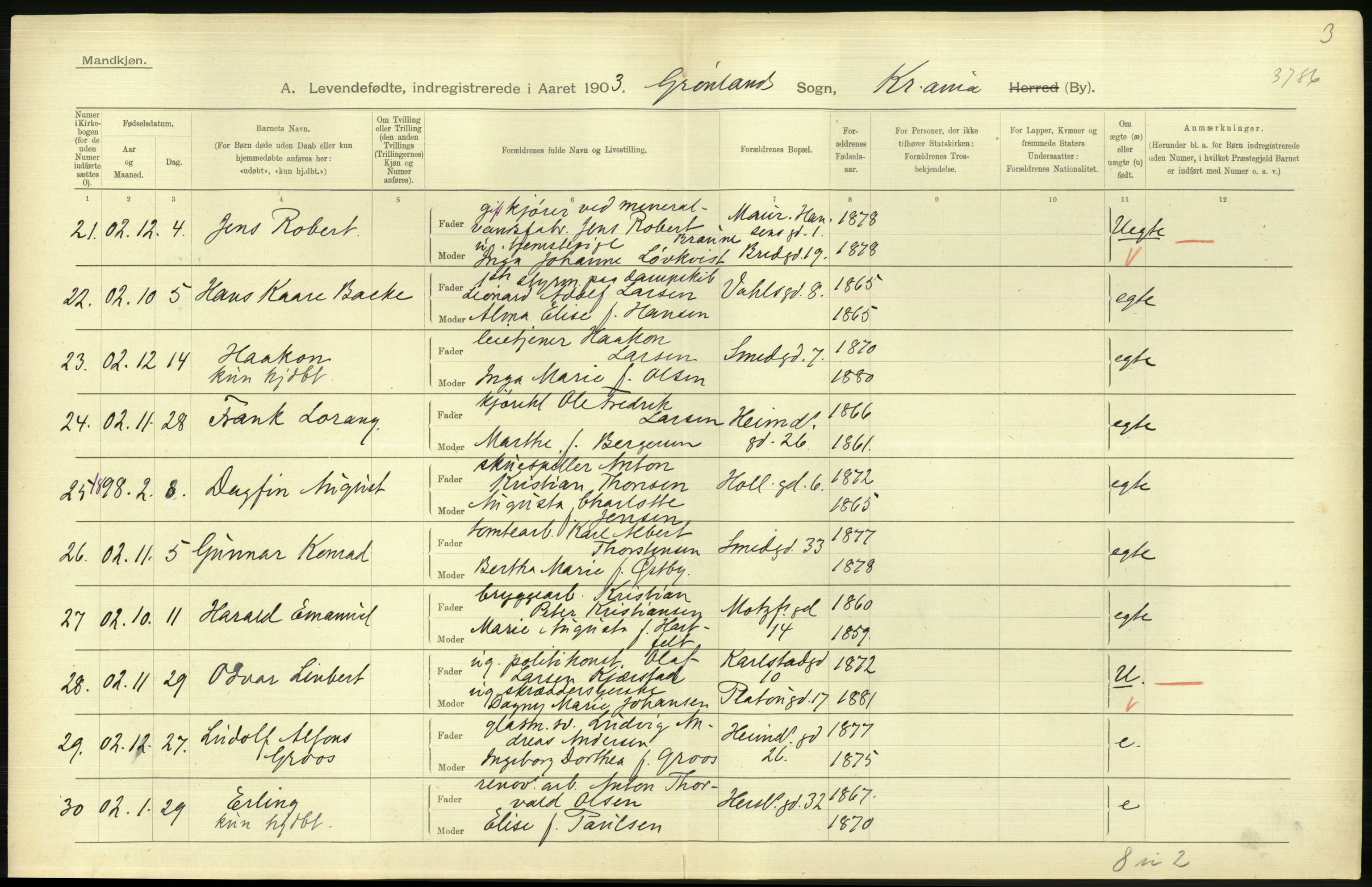 Statistisk sentralbyrå, Sosiodemografiske emner, Befolkning, AV/RA-S-2228/D/Df/Dfa/Dfaa/L0003: Kristiania: Fødte, 1903, p. 628