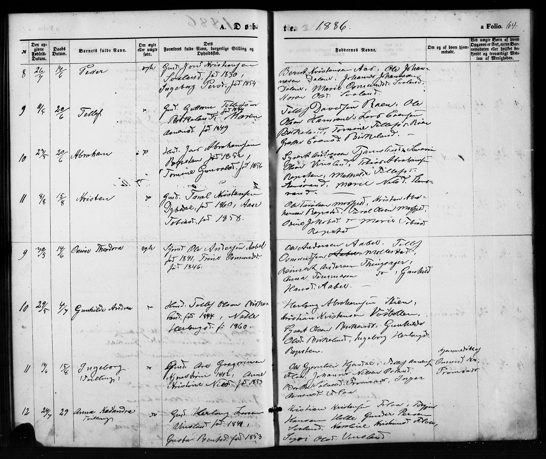 Birkenes sokneprestkontor, SAK/1111-0004/F/Fb/L0003: Parish register (copy) no. B 3, 1876-1892, p. 64