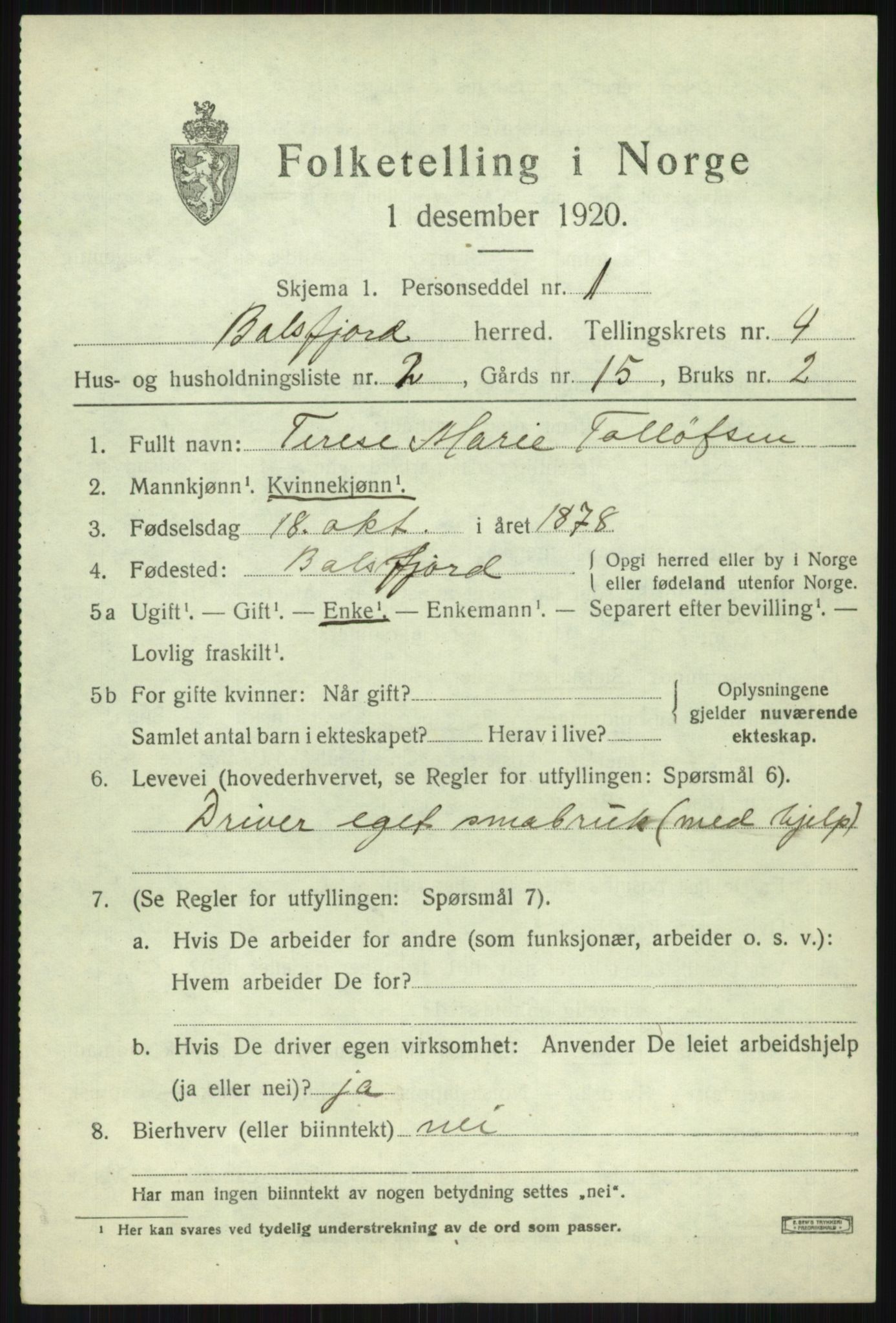SATØ, 1920 census for Balsfjord, 1920, p. 2711