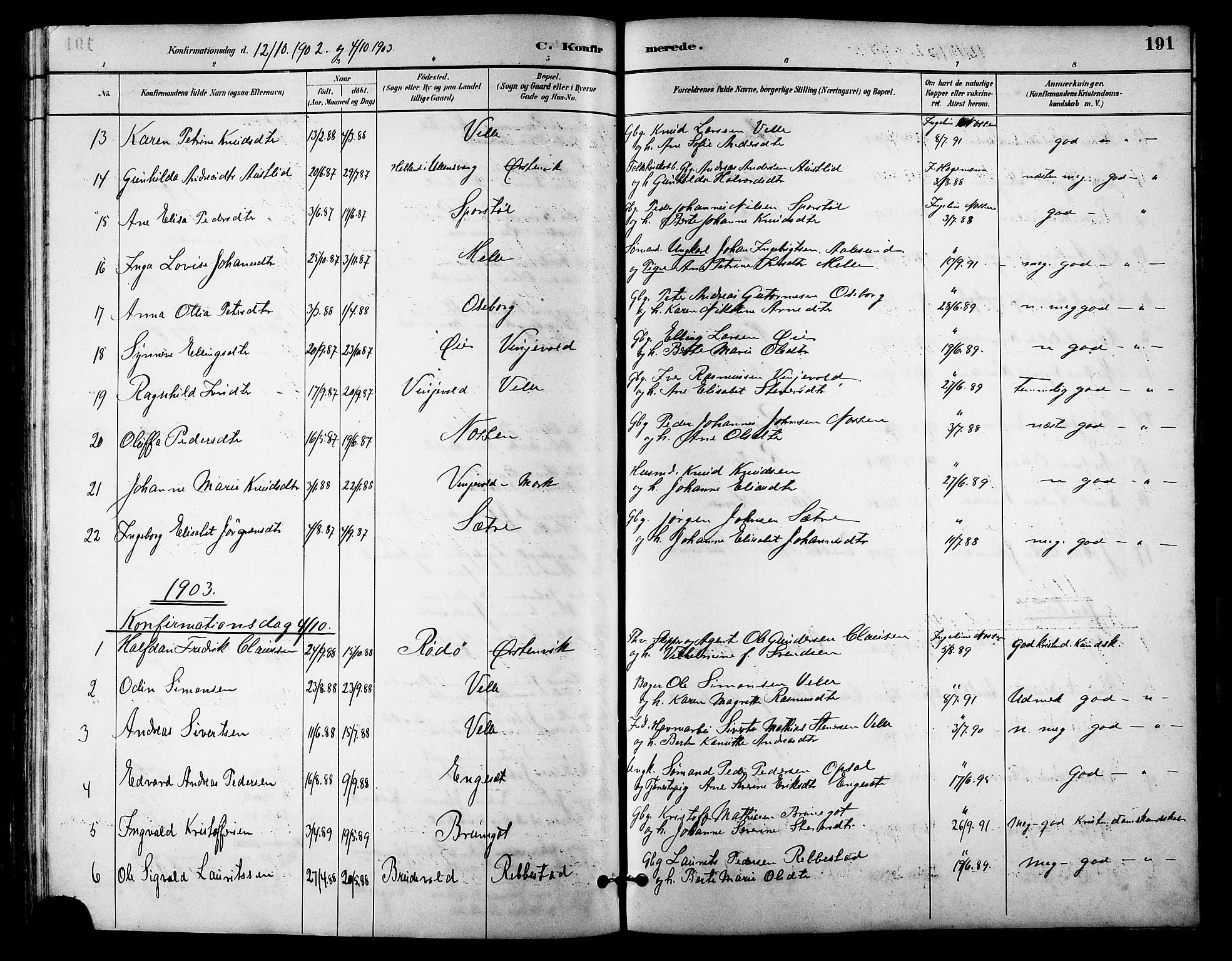 Ministerialprotokoller, klokkerbøker og fødselsregistre - Møre og Romsdal, AV/SAT-A-1454/513/L0189: Parish register (copy) no. 513C03, 1883-1904, p. 191