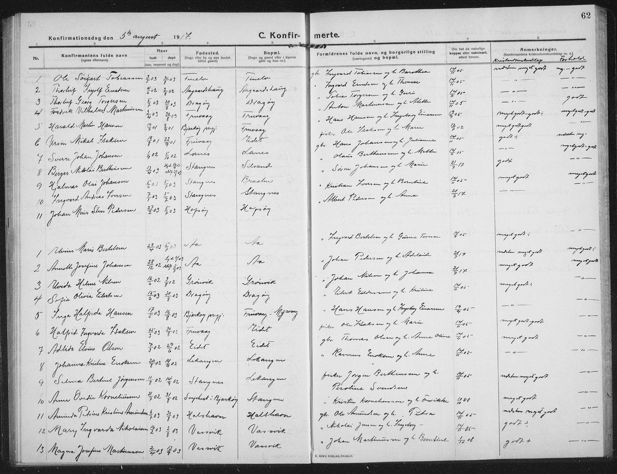Tranøy sokneprestkontor, SATØ/S-1313/I/Ia/Iab/L0019klokker: Parish register (copy) no. 19, 1914-1940, p. 62