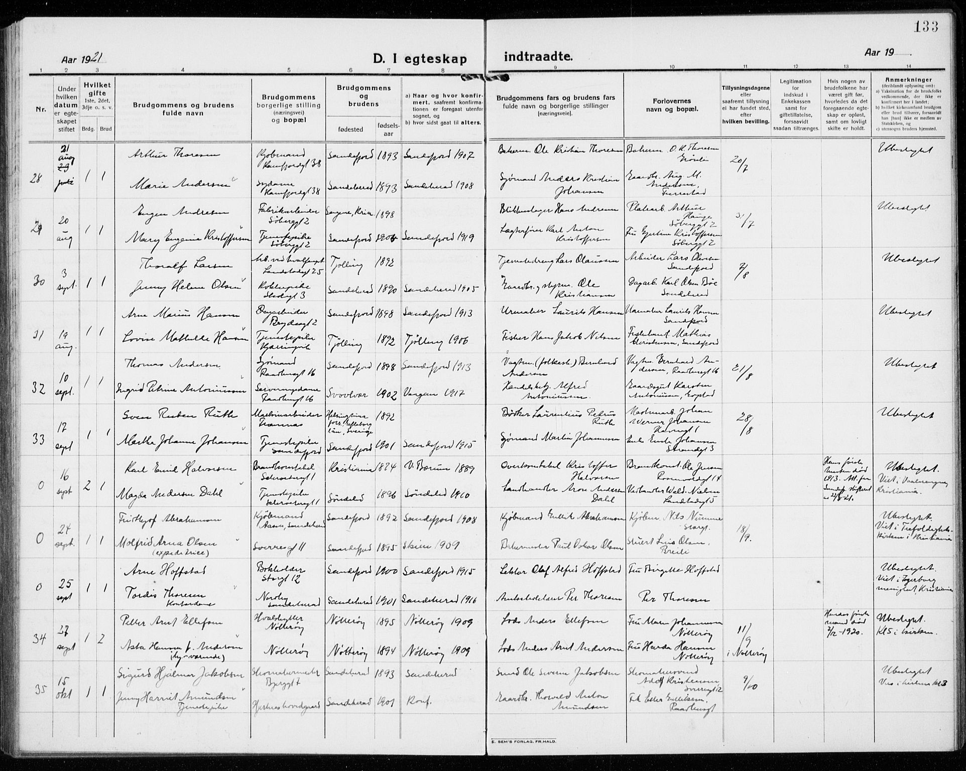 Sandefjord kirkebøker, AV/SAKO-A-315/G/Ga/L0004: Parish register (copy) no. 4, 1920-1931, p. 133