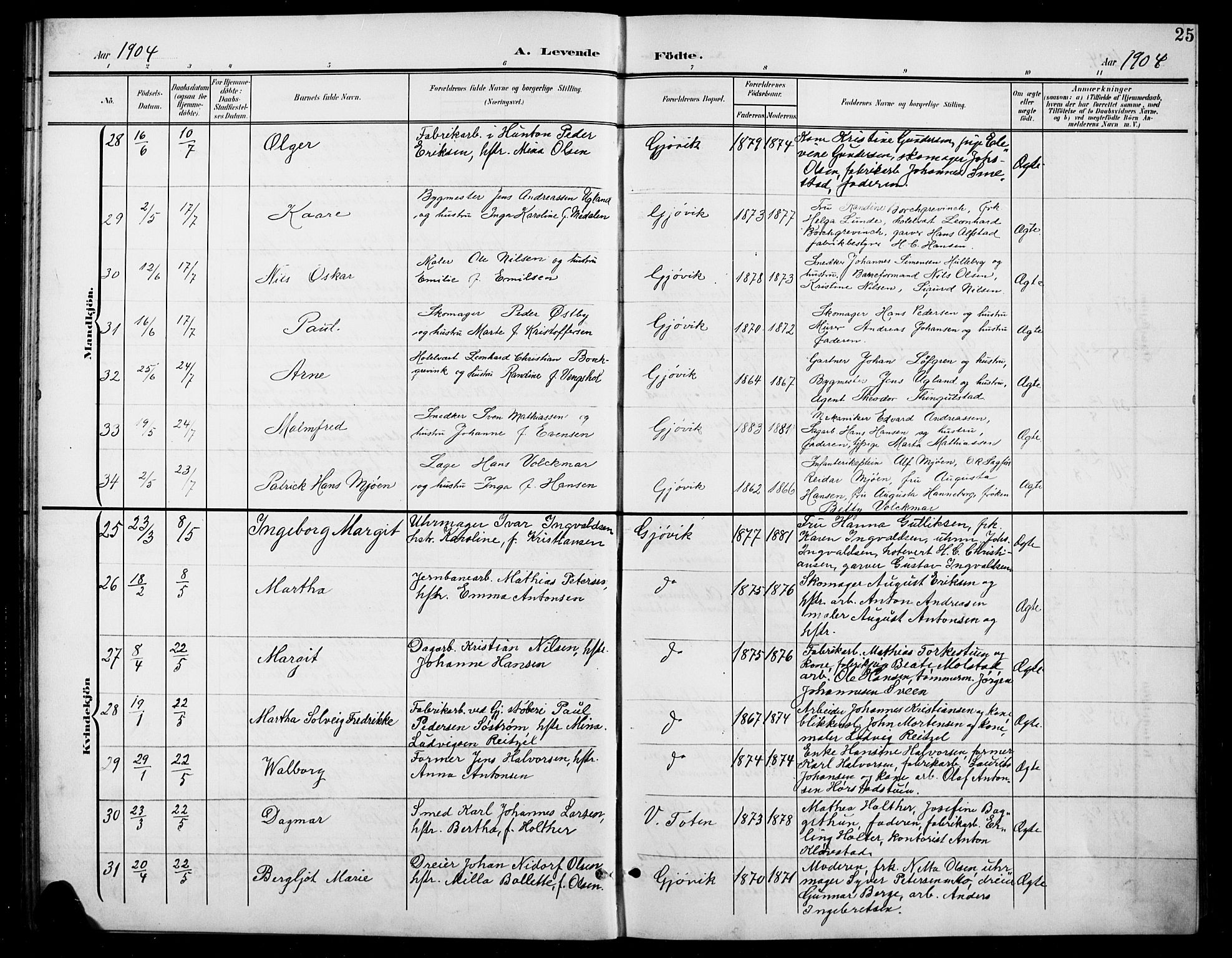 Vardal prestekontor, AV/SAH-PREST-100/H/Ha/Hab/L0012: Parish register (copy) no. 12, 1902-1911, p. 25
