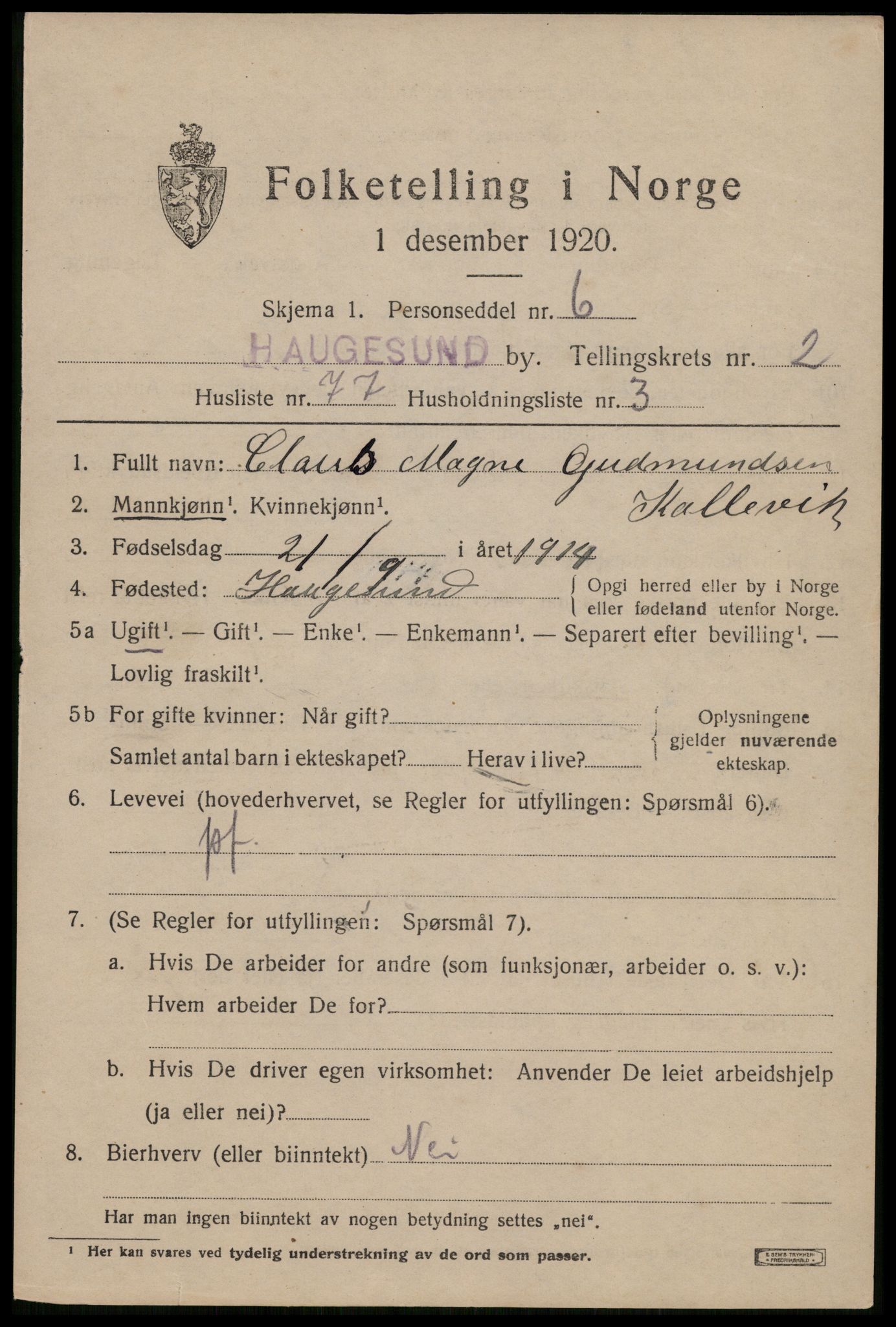 SAST, 1920 census for Haugesund, 1920, p. 14341