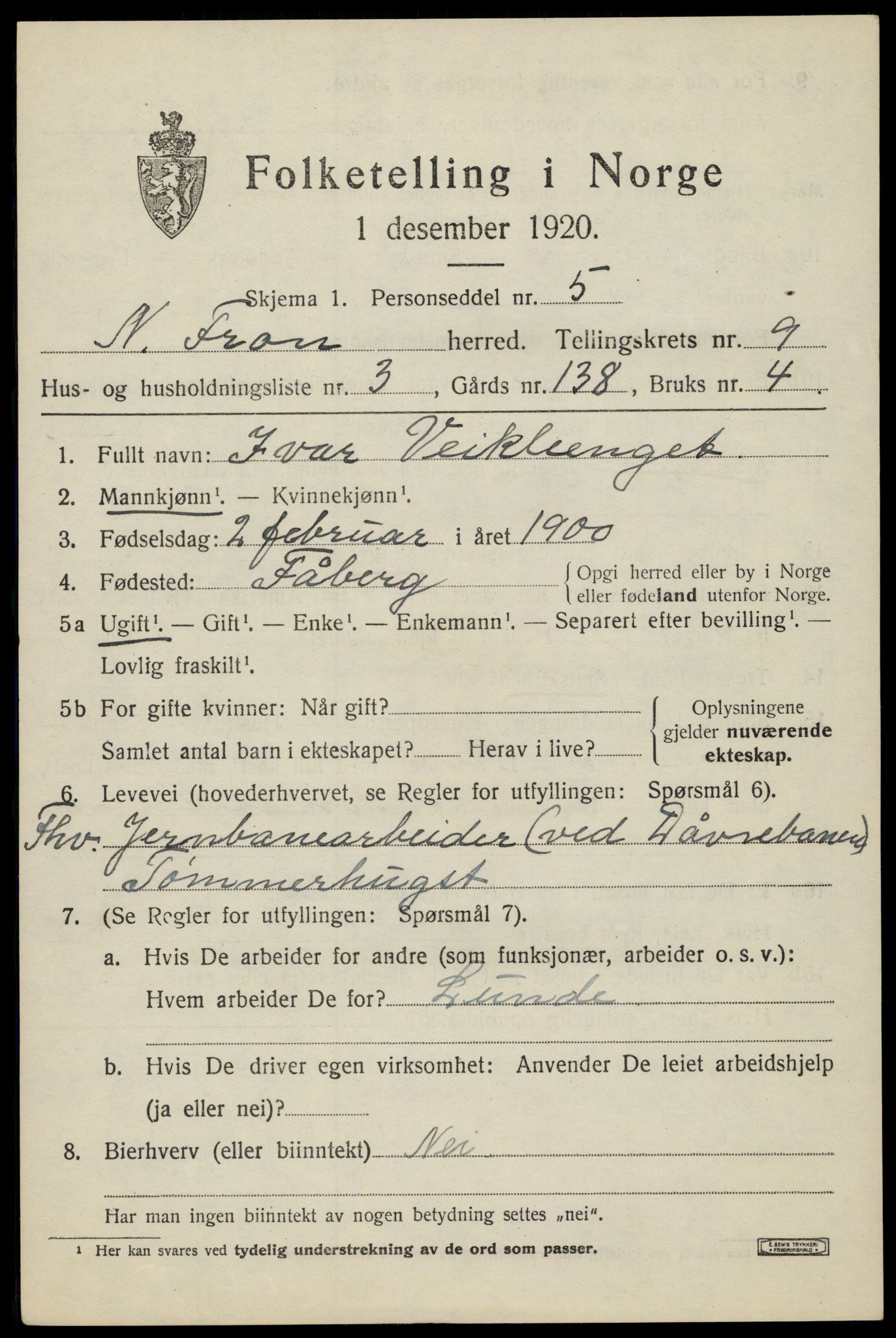 SAH, 1920 census for Nord-Fron, 1920, p. 7500