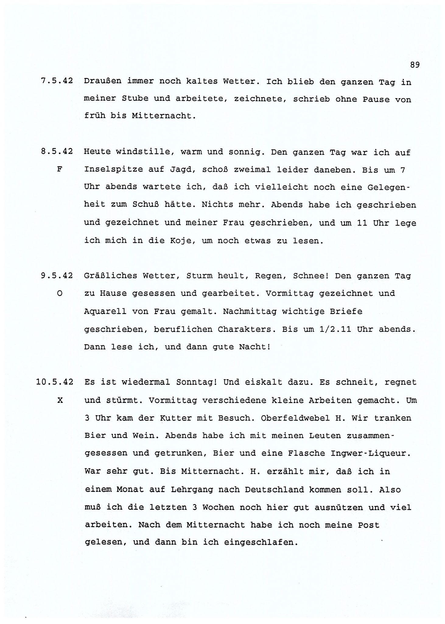 Dagbokopptegnelser av en tysk marineoffiser stasjonert i Norge , FMFB/A-1160/F/L0001: Dagbokopptegnelser av en tysk marineoffiser stasjonert i Norge, 1941-1944, p. 89
