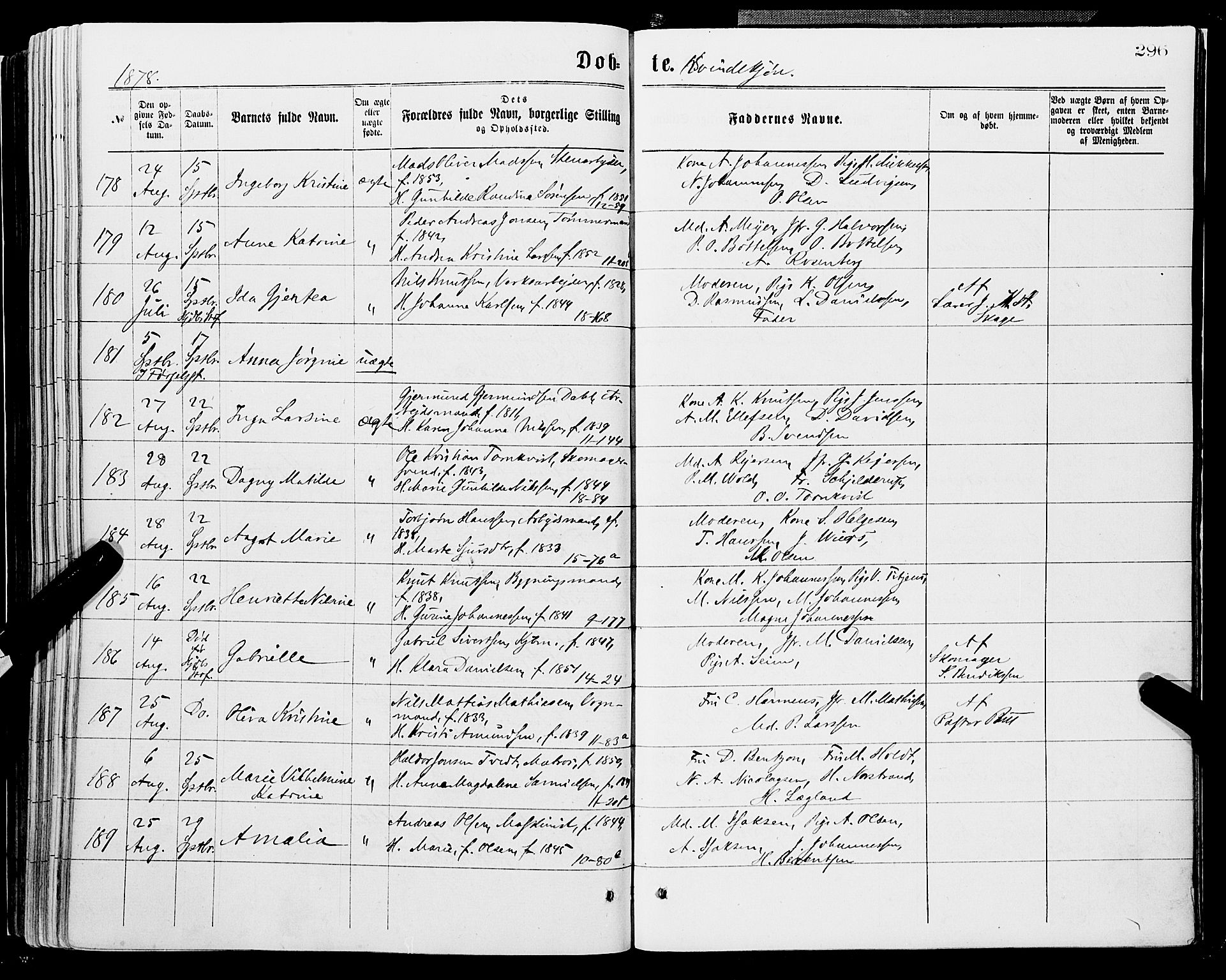 Domkirken sokneprestembete, AV/SAB-A-74801/H/Haa/L0022: Parish register (official) no. B 5, 1872-1878, p. 296