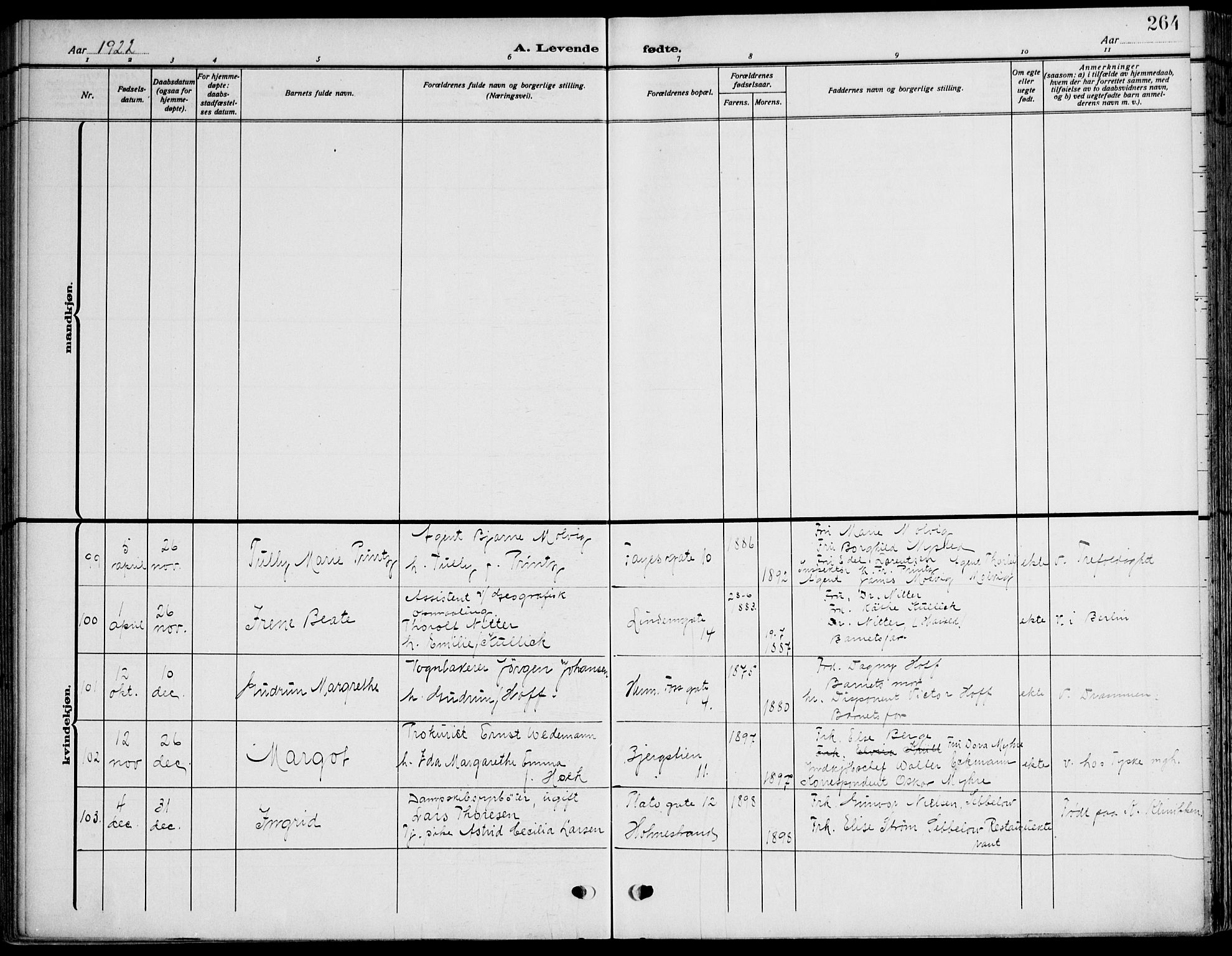 Gamle Aker prestekontor Kirkebøker, SAO/A-10617a/F/L0014: Parish register (official) no. 14, 1909-1924, p. 264