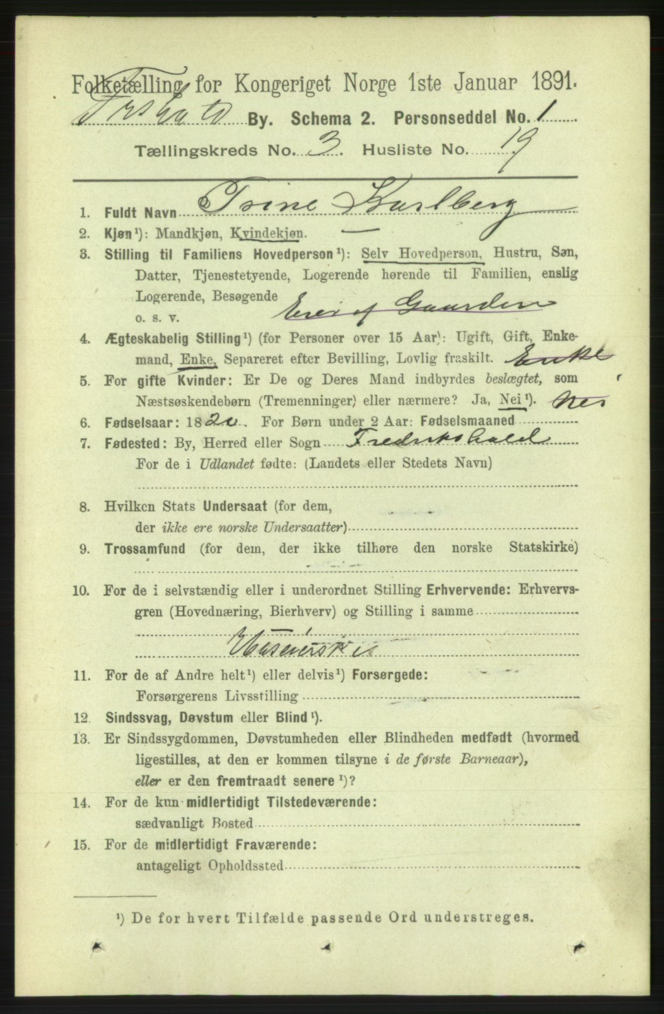 RA, 1891 census for 0101 Fredrikshald, 1891, p. 3437