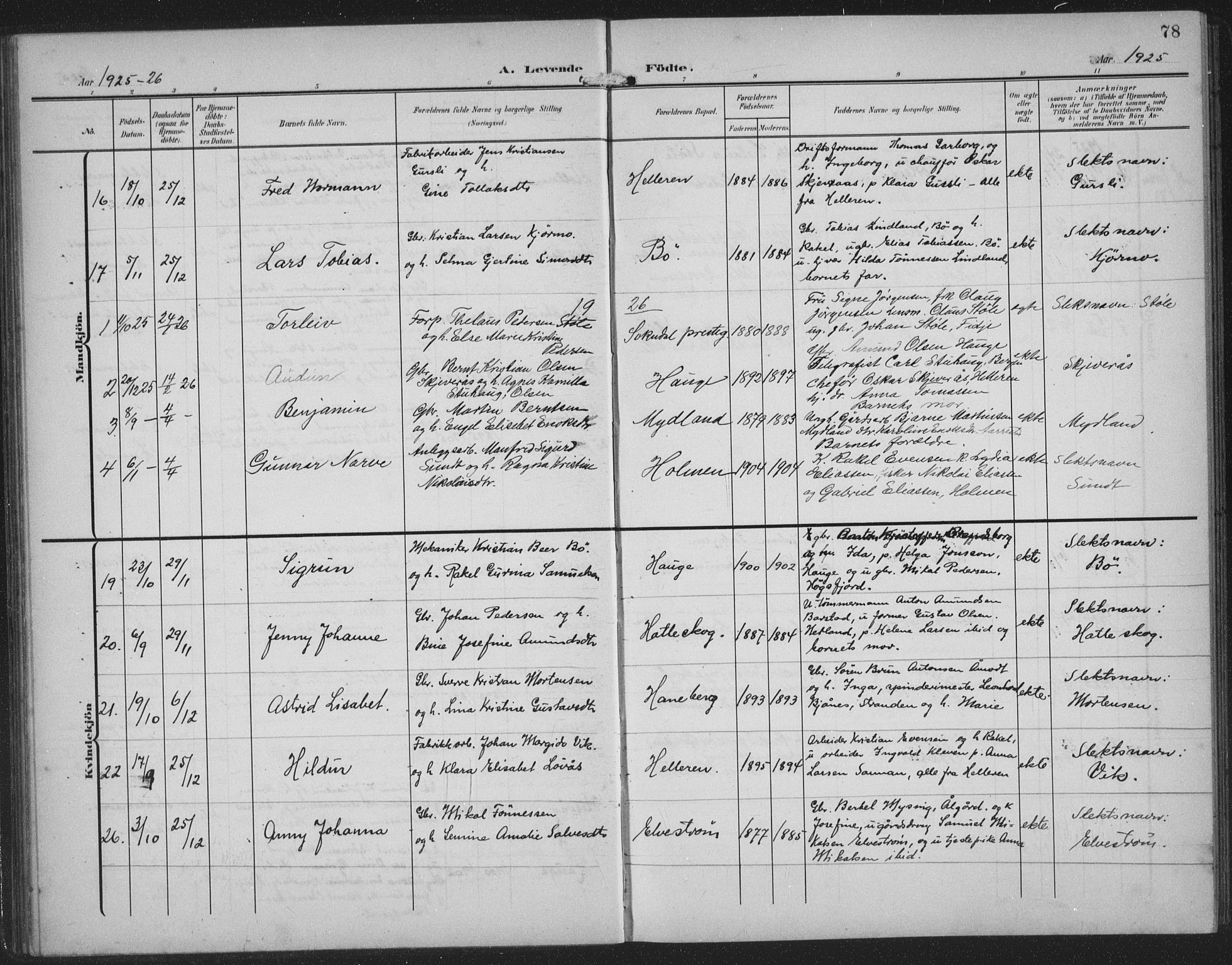 Sokndal sokneprestkontor, AV/SAST-A-101808: Parish register (copy) no. B 8, 1908-1934, p. 78