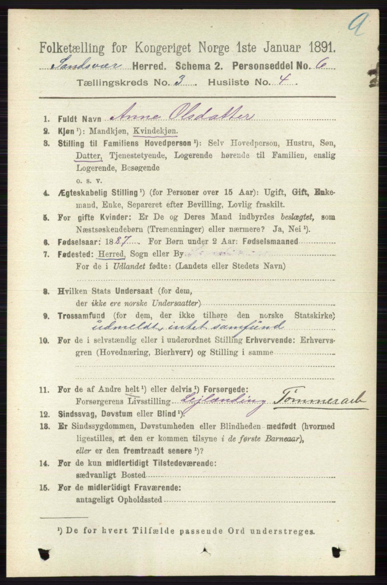 RA, 1891 census for 0629 Sandsvær, 1891, p. 1315